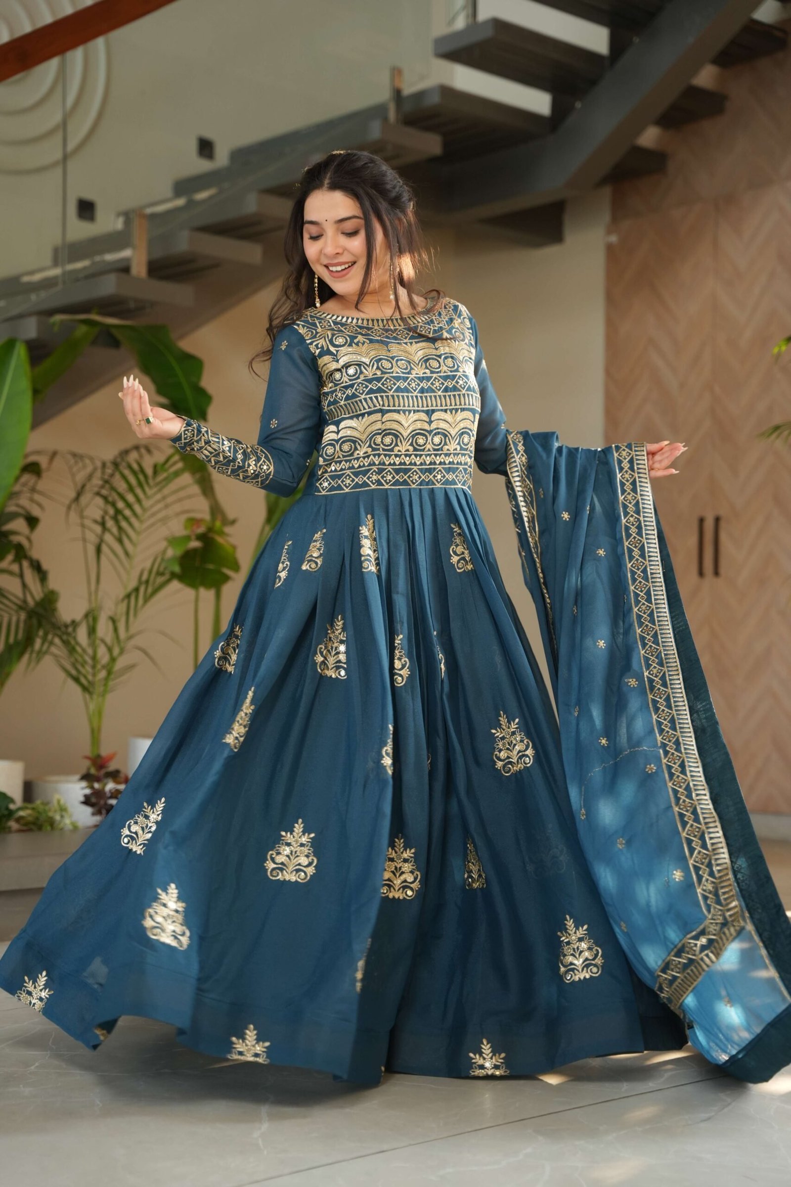 Rama Premium Chinnon Gown with Dupatta ? Sequins & Embroidery Work
