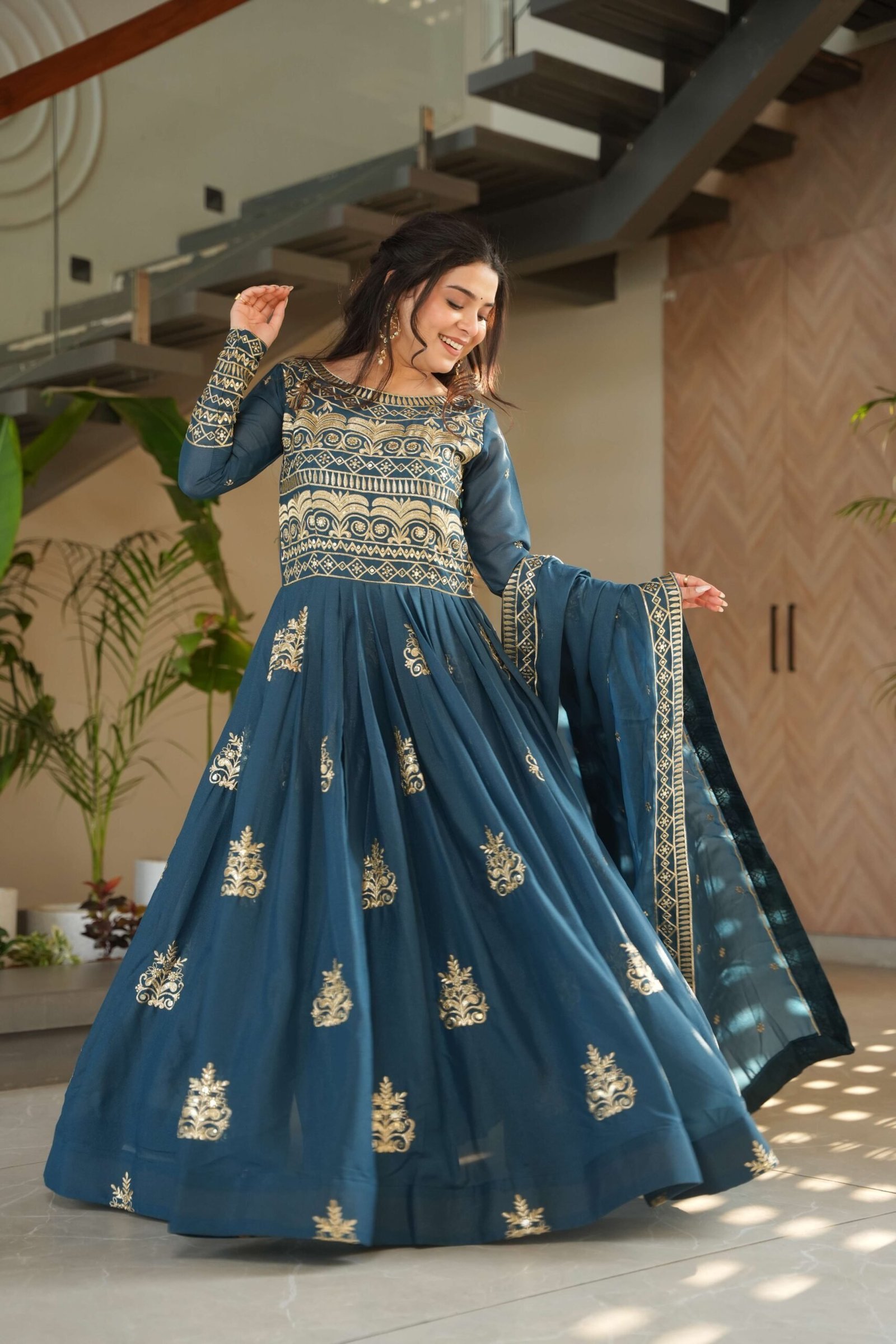 Rama Premium Chinnon Gown with Dupatta ? Sequins & Embroidery Work