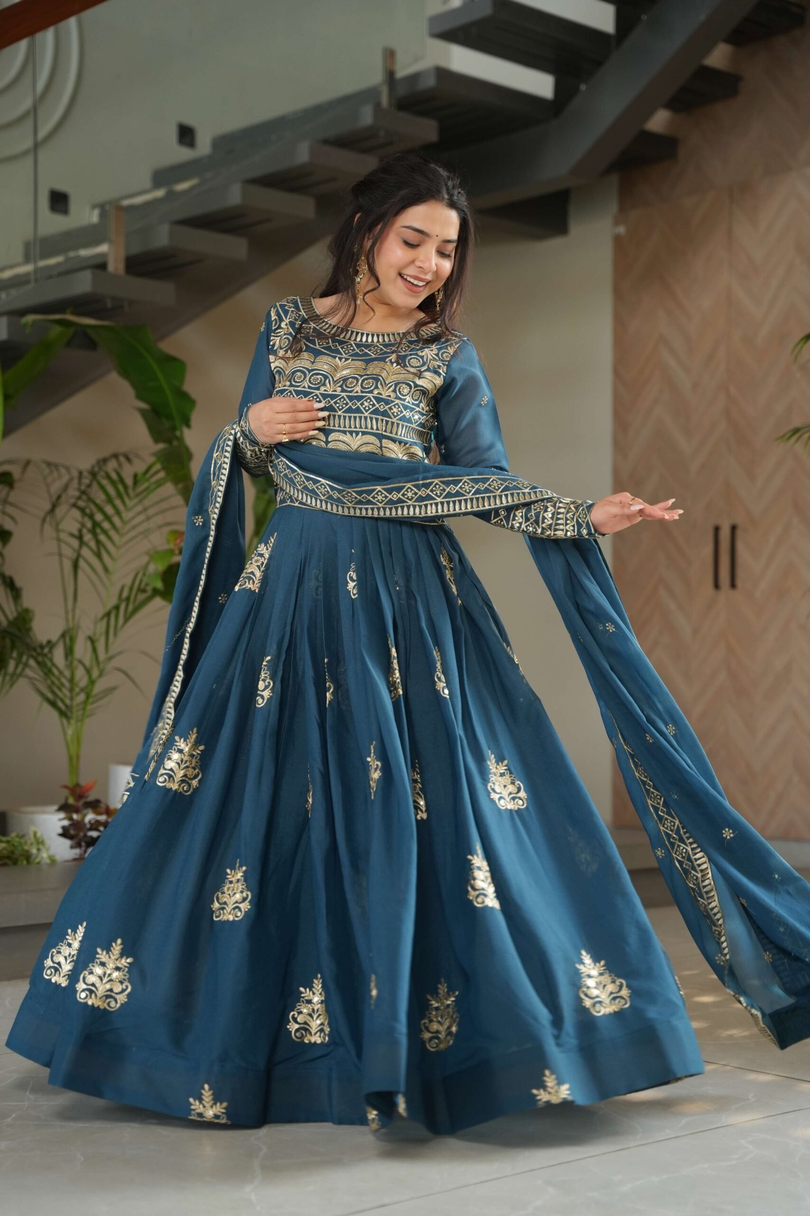 Rama Premium Chinnon Gown with Dupatta ? Sequins & Embroidery Work