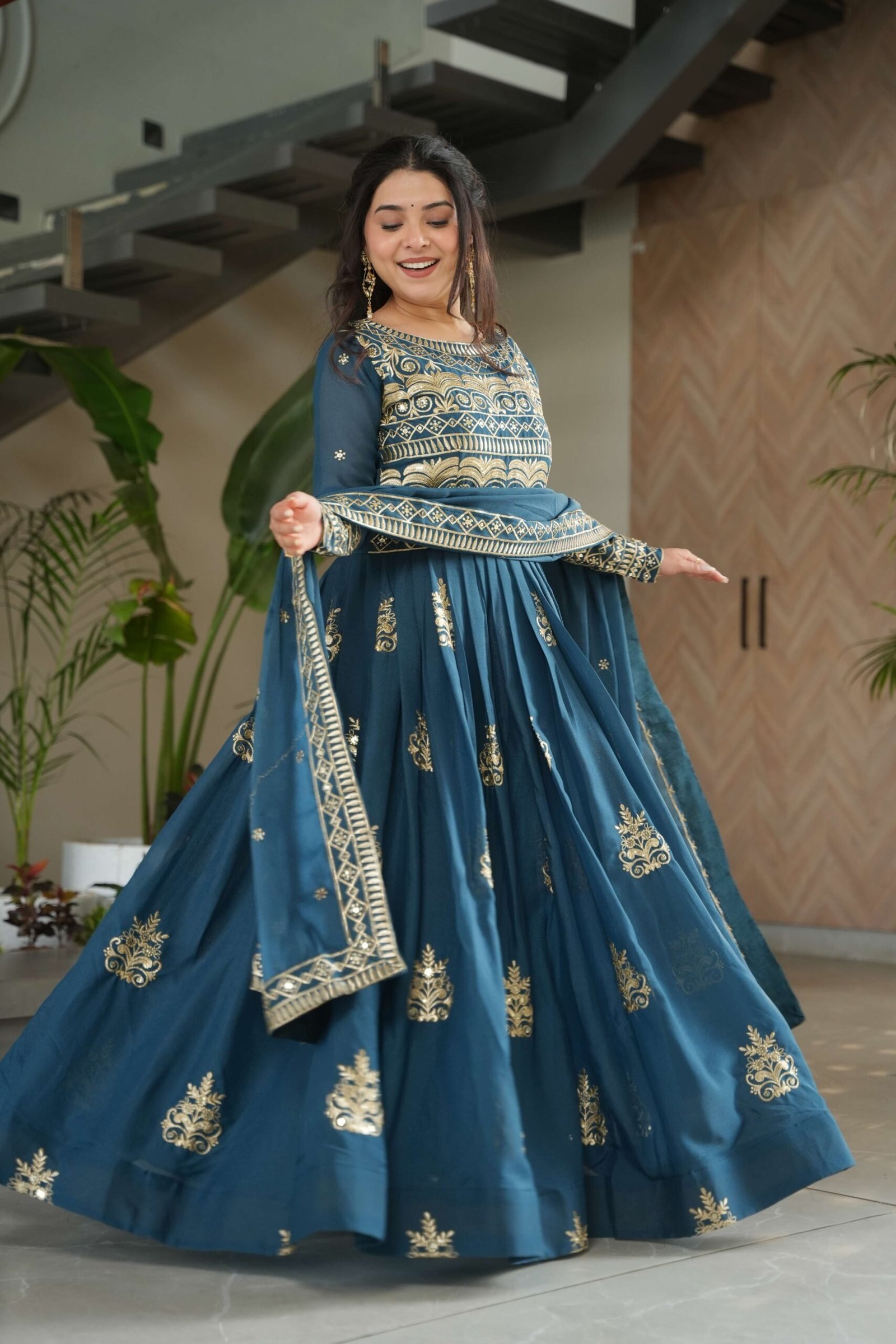 Rama Premium Chinnon Gown with Dupatta ? Sequins & Embroidery Work