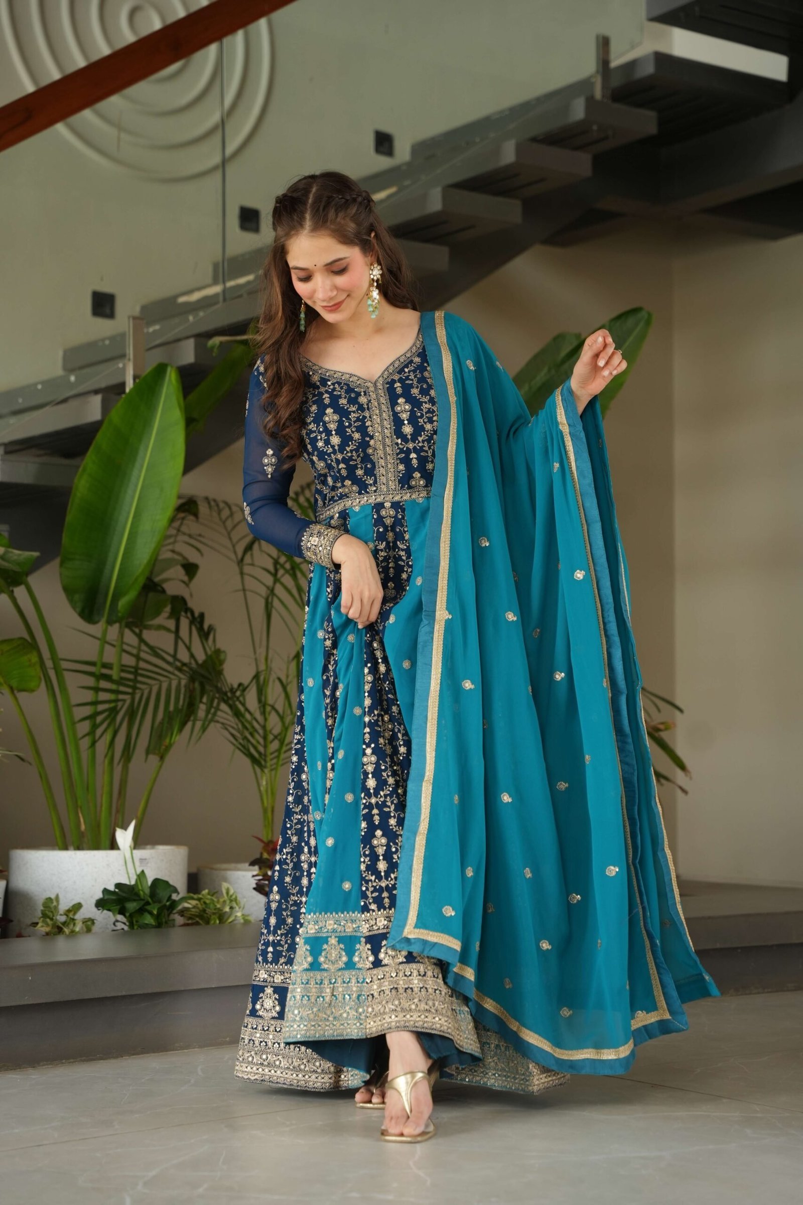 Rama Premium Designer Faux Blooming Gown with Sequins & Zari Embroidered Dupatta ? Collection