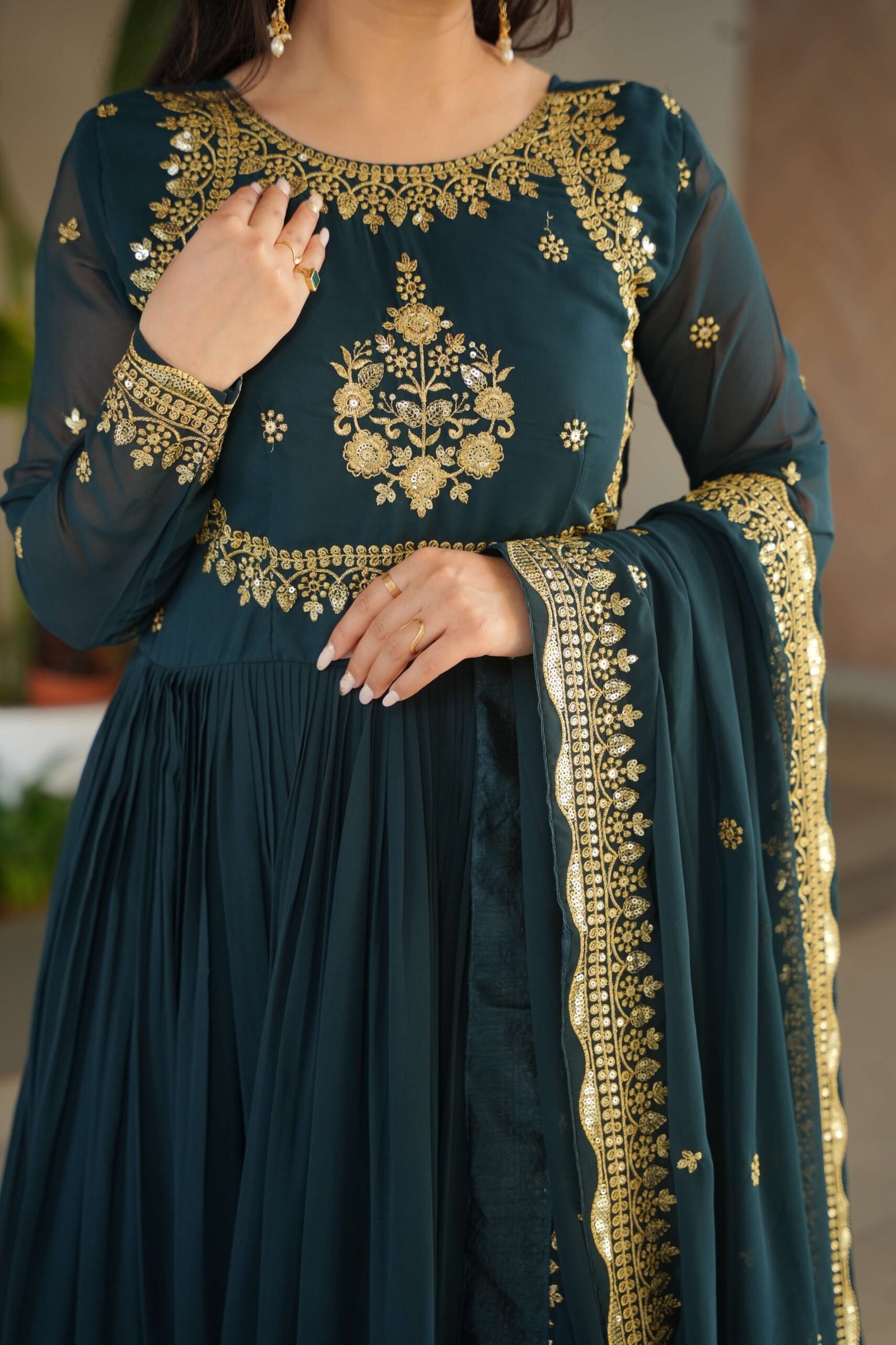 Rama Premium Designer Gown with Dupatta ? Zari & Sequins Embroidery