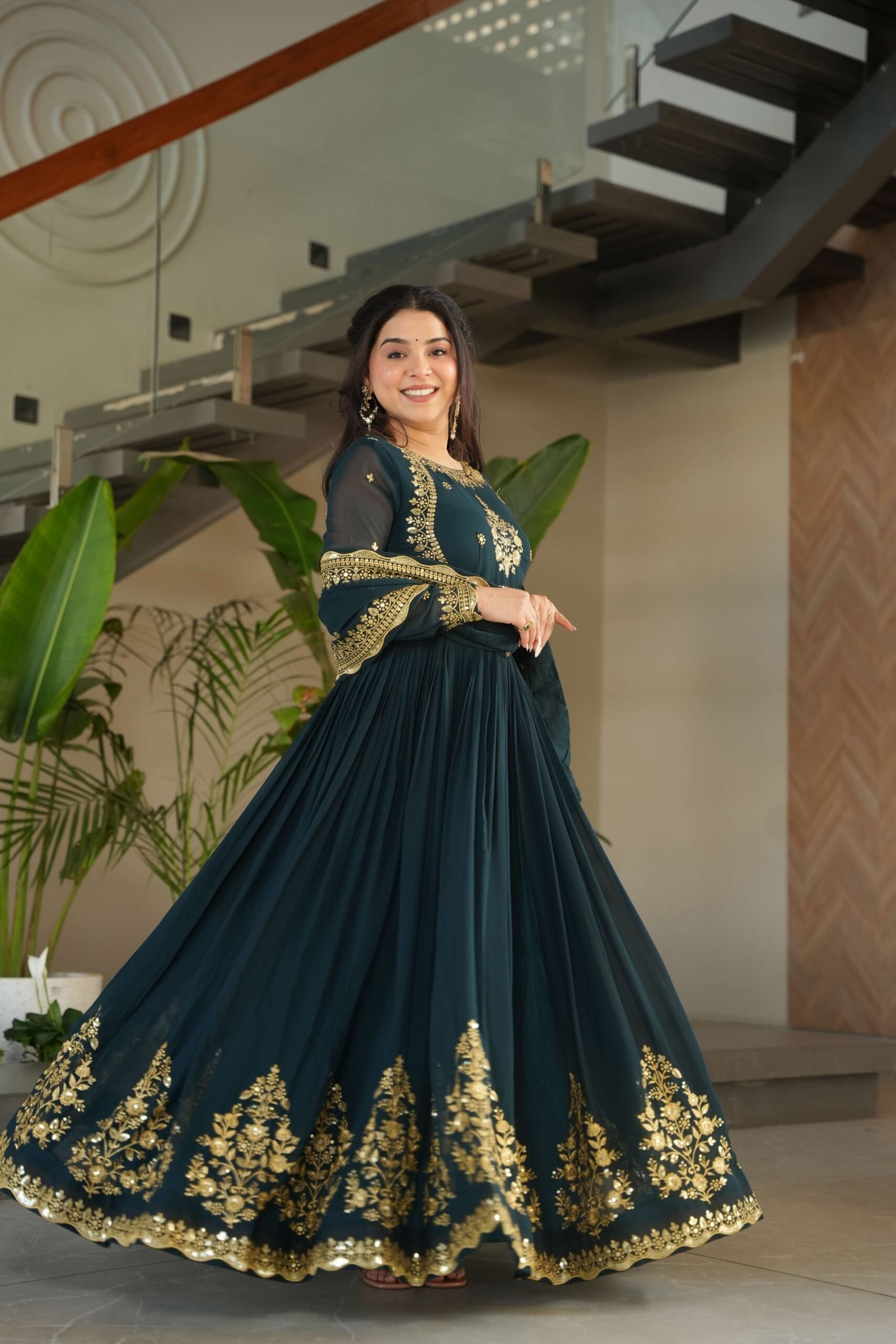 Rama Premium Designer Gown with Dupatta ? Zari & Sequins Embroidery