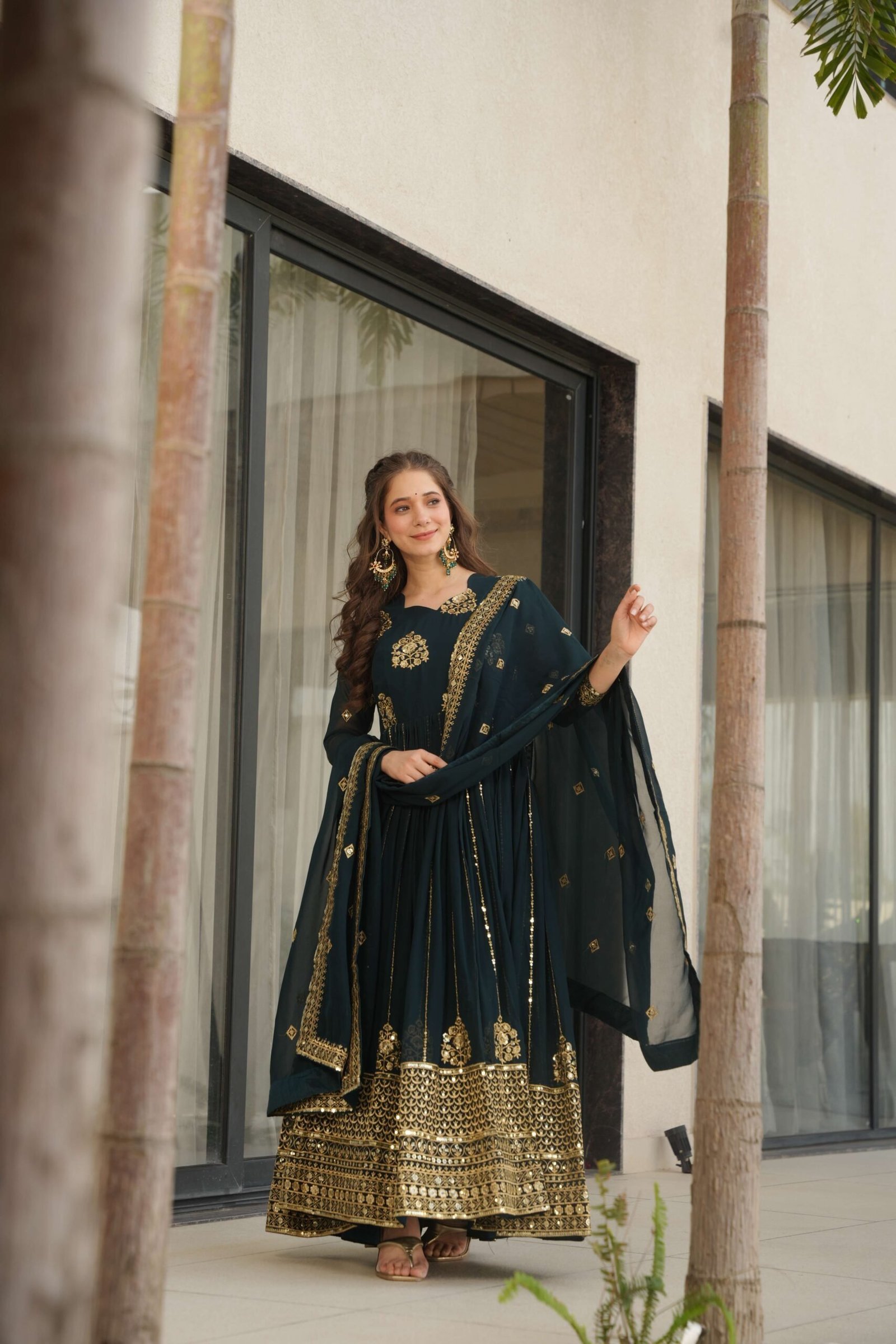 Rama Premium Faux Blooming Designer Gown with Dupatta ? Zari & Sequins Embroidery for Elegant Ethnic Wear
