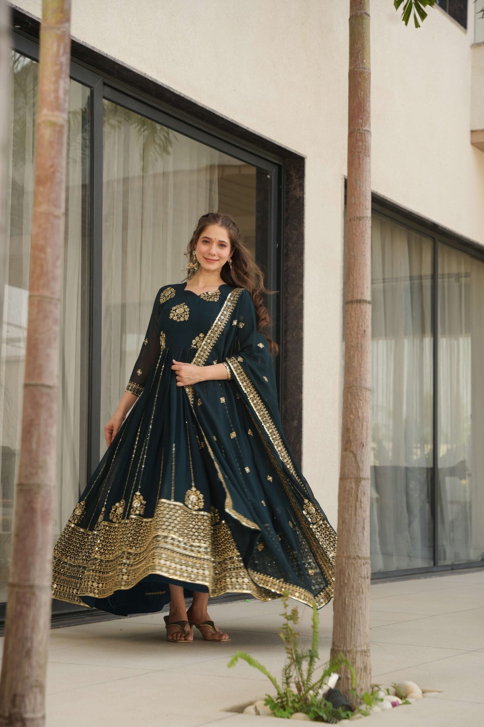 Rama Premium Faux Blooming Designer Gown with Dupatta ? Zari & Sequins Embroidery for Elegant Ethnic Wear