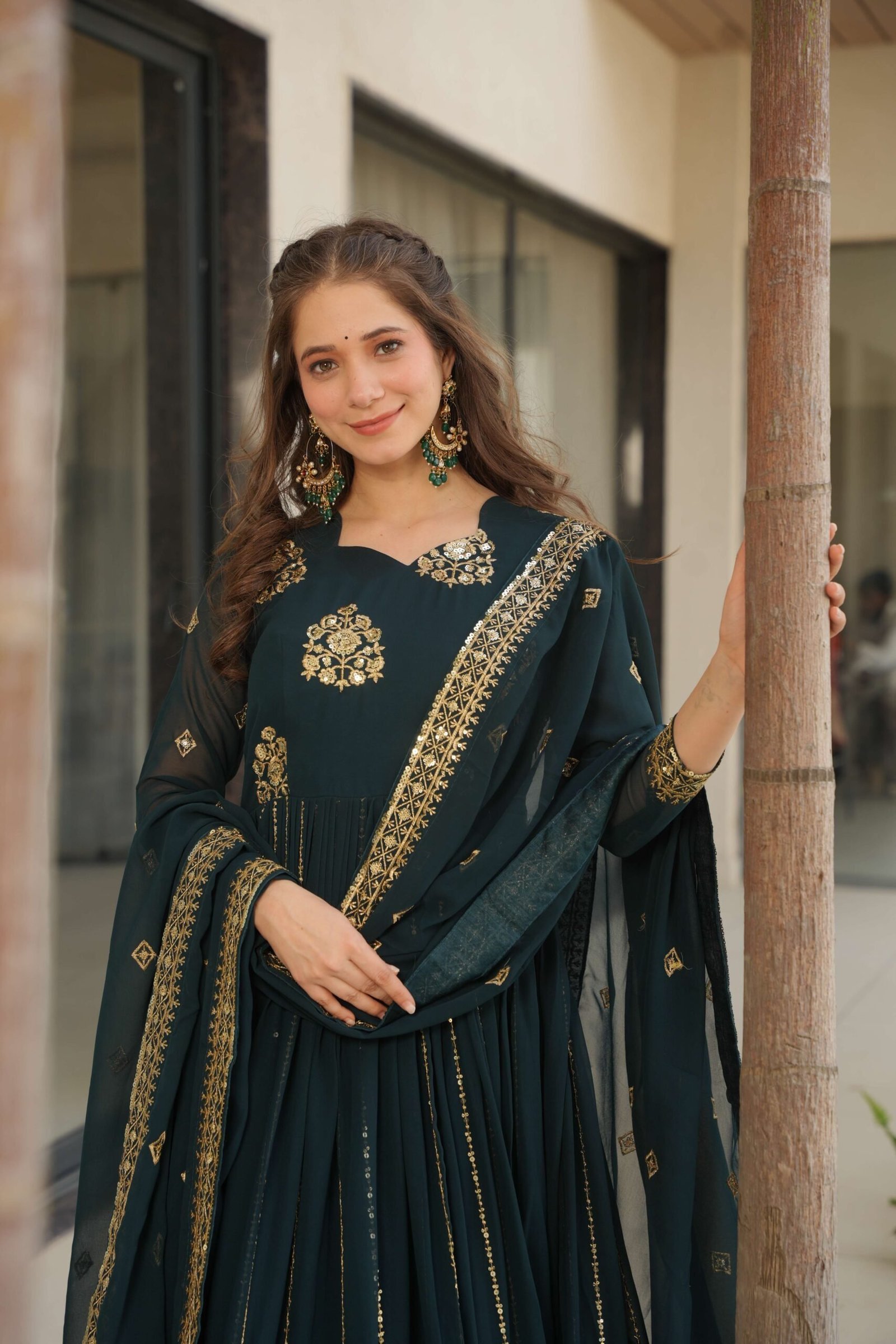 Rama Premium Faux Blooming Designer Gown with Dupatta ? Zari & Sequins Embroidery for Elegant Ethnic Wear
