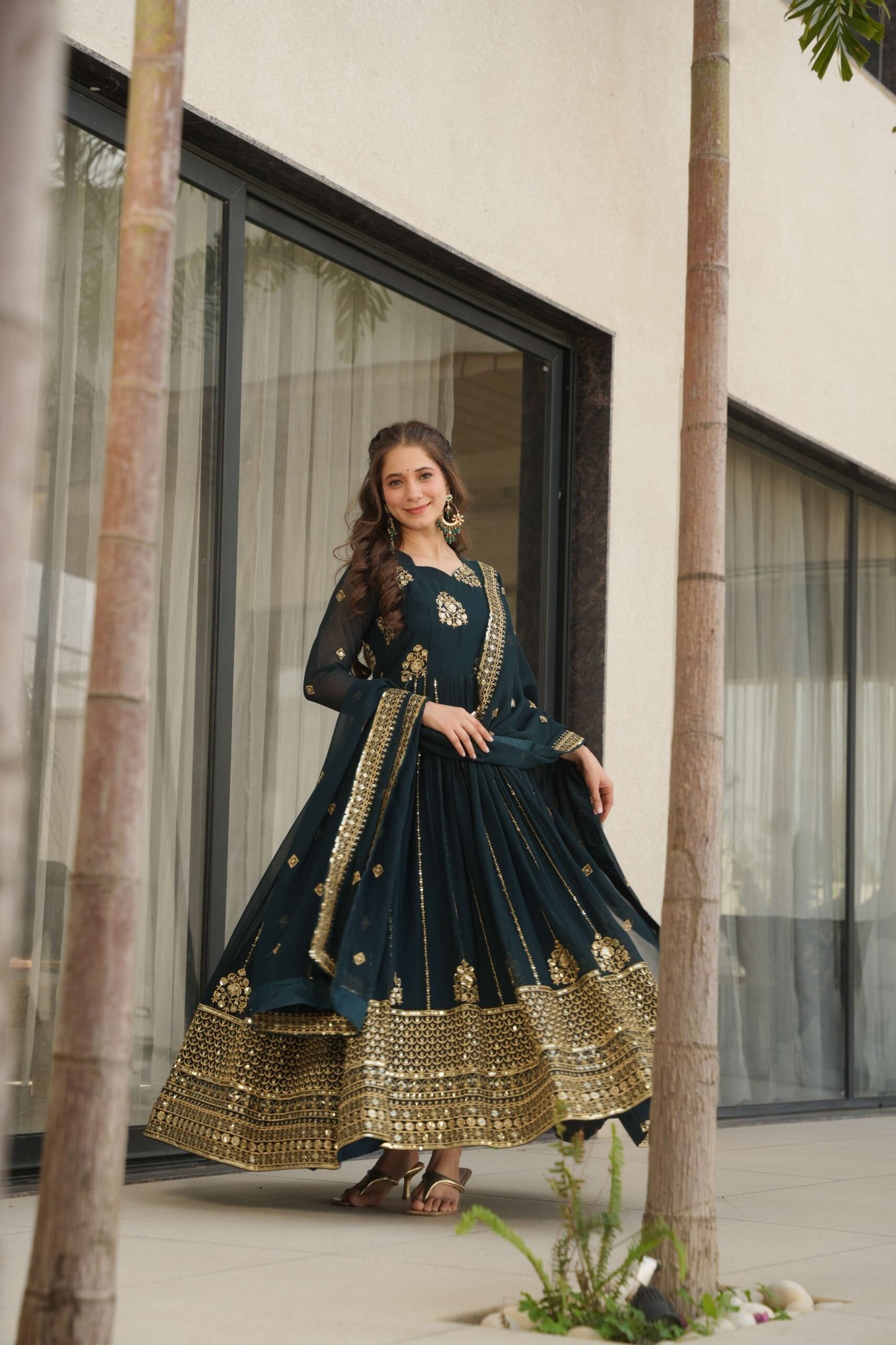 Rama Premium Faux Blooming Designer Gown with Dupatta ? Zari & Sequins Embroidery for Elegant Ethnic Wear
