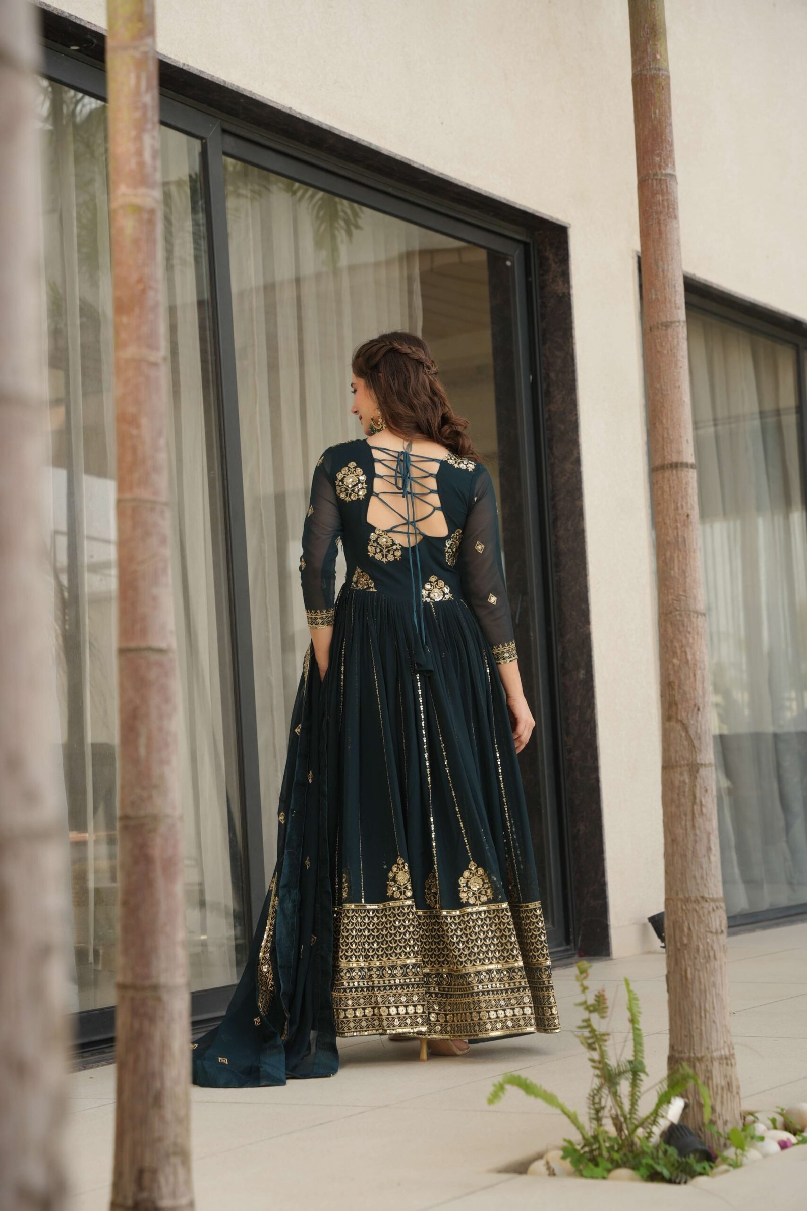 Rama Premium Faux Blooming Designer Gown with Dupatta ? Zari & Sequins Embroidery for Elegant Ethnic Wear