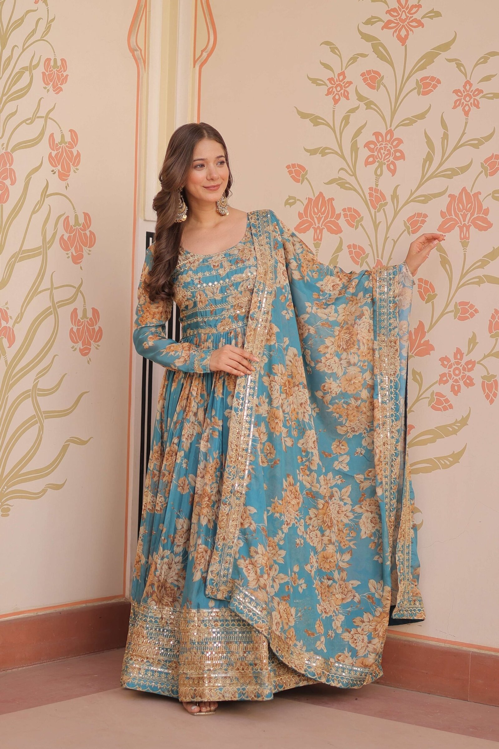 Rama Premium Russian Silk Designer Gown with Sequins Embroidered Dupatta ? Partywear