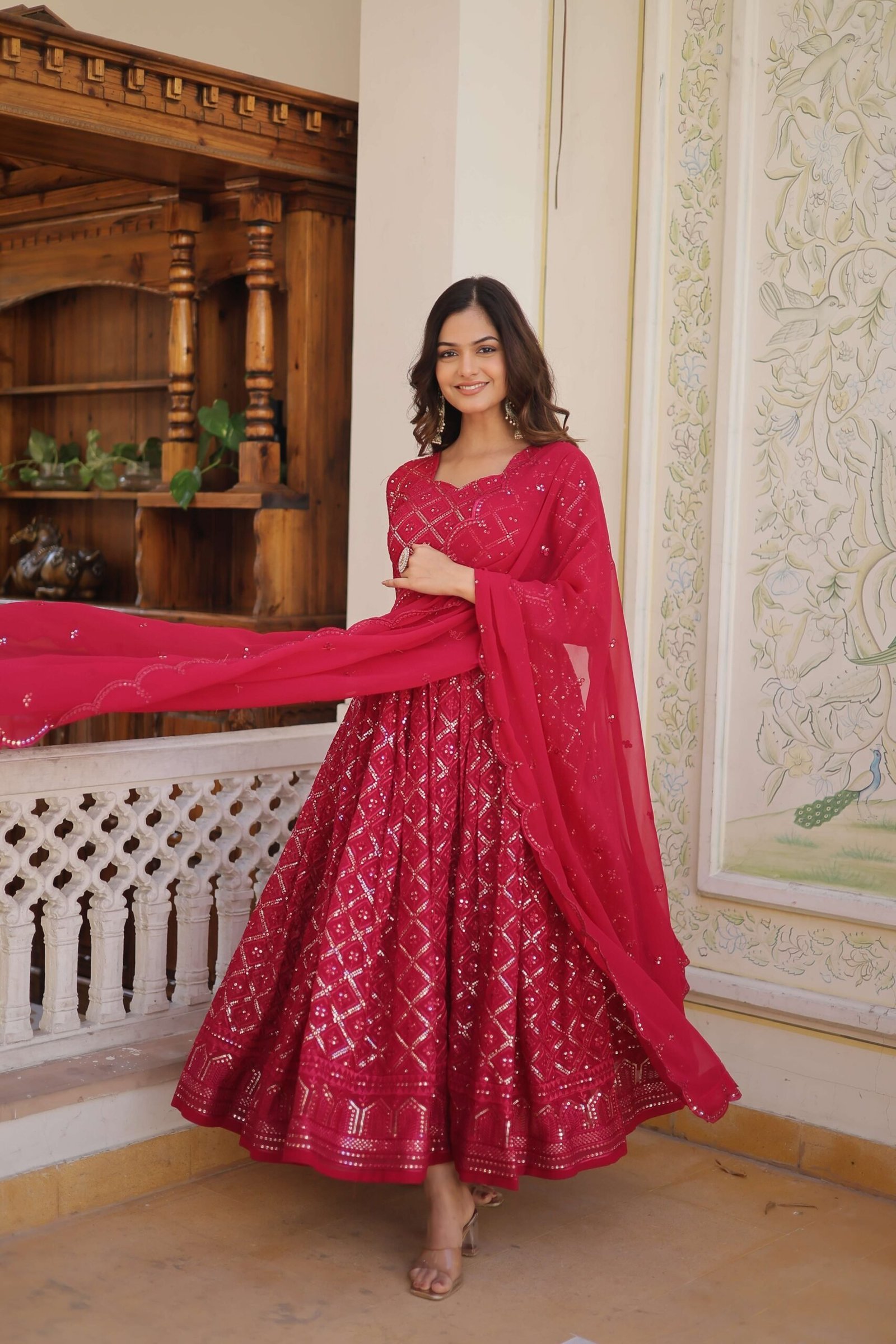 Rani Faux Blooming Designer Gown with Sequined Dupatta ? Elegant Fully Flared Party & Wedding Set
