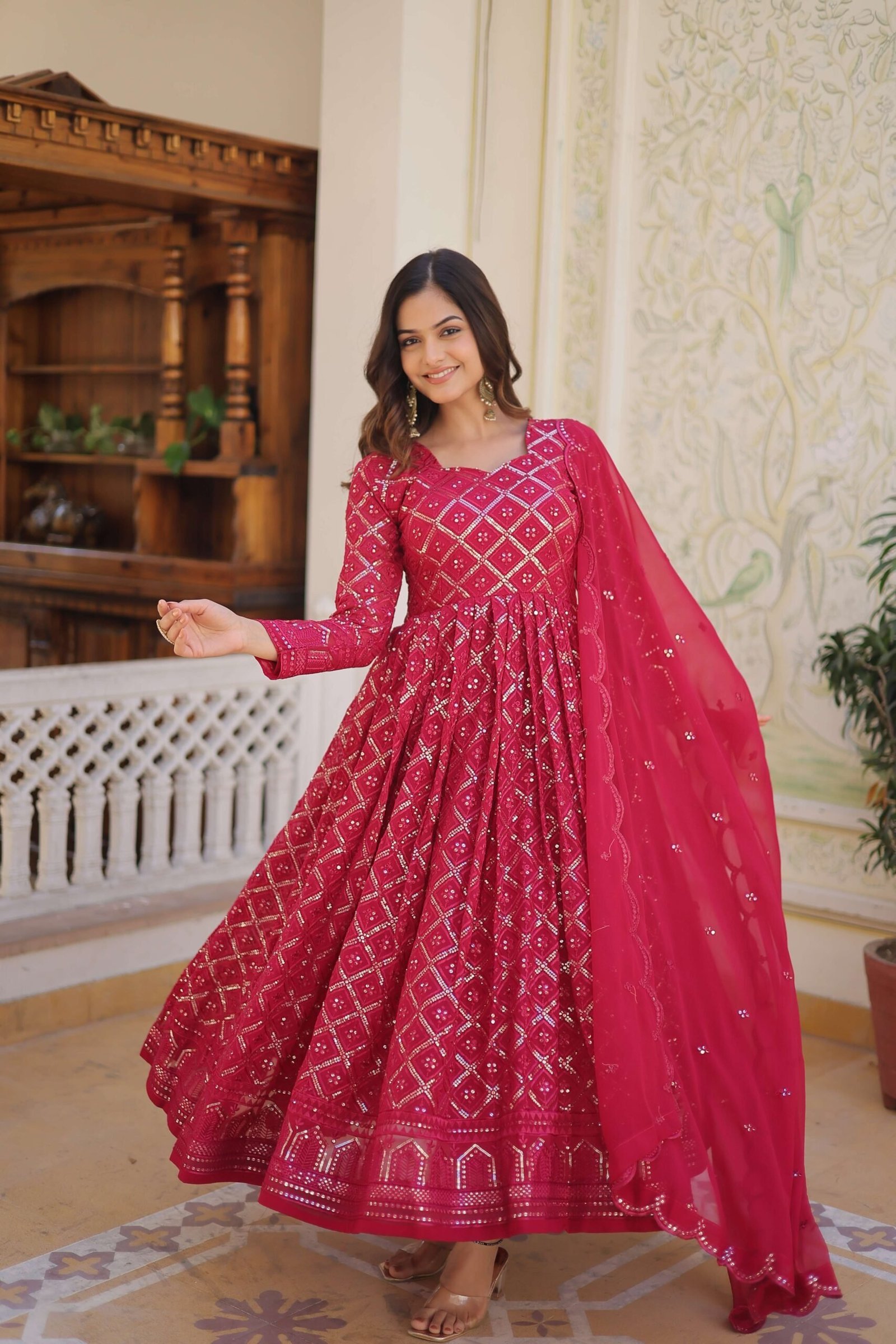 Rani Faux Blooming Designer Gown with Sequined Dupatta ? Elegant Fully Flared Party & Wedding Set