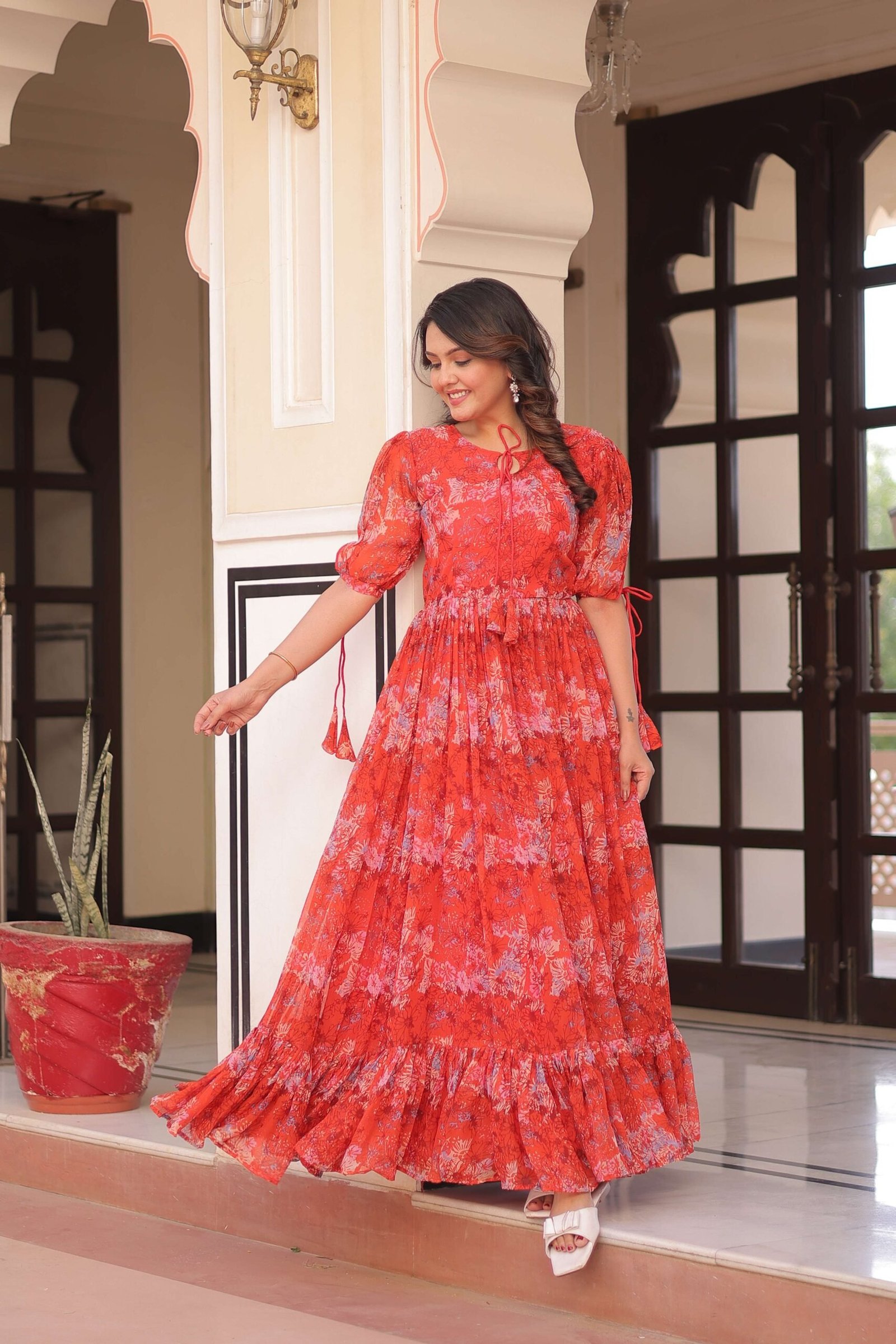 Red Premium Faux Georgette Printed Full Flare Gown ? Ethnic Collection
