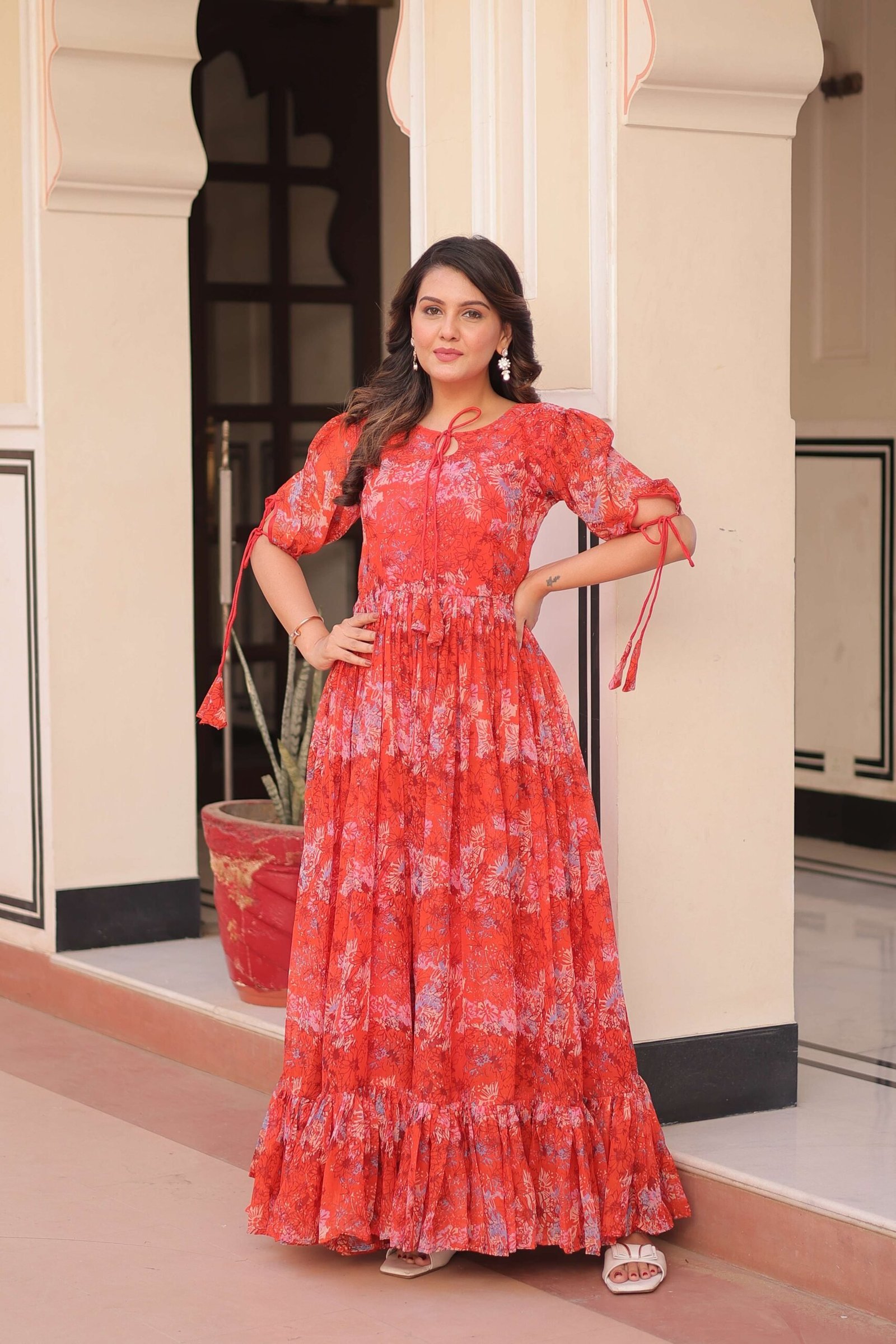 Red Premium Faux Georgette Printed Full Flare Gown ? Ethnic Collection