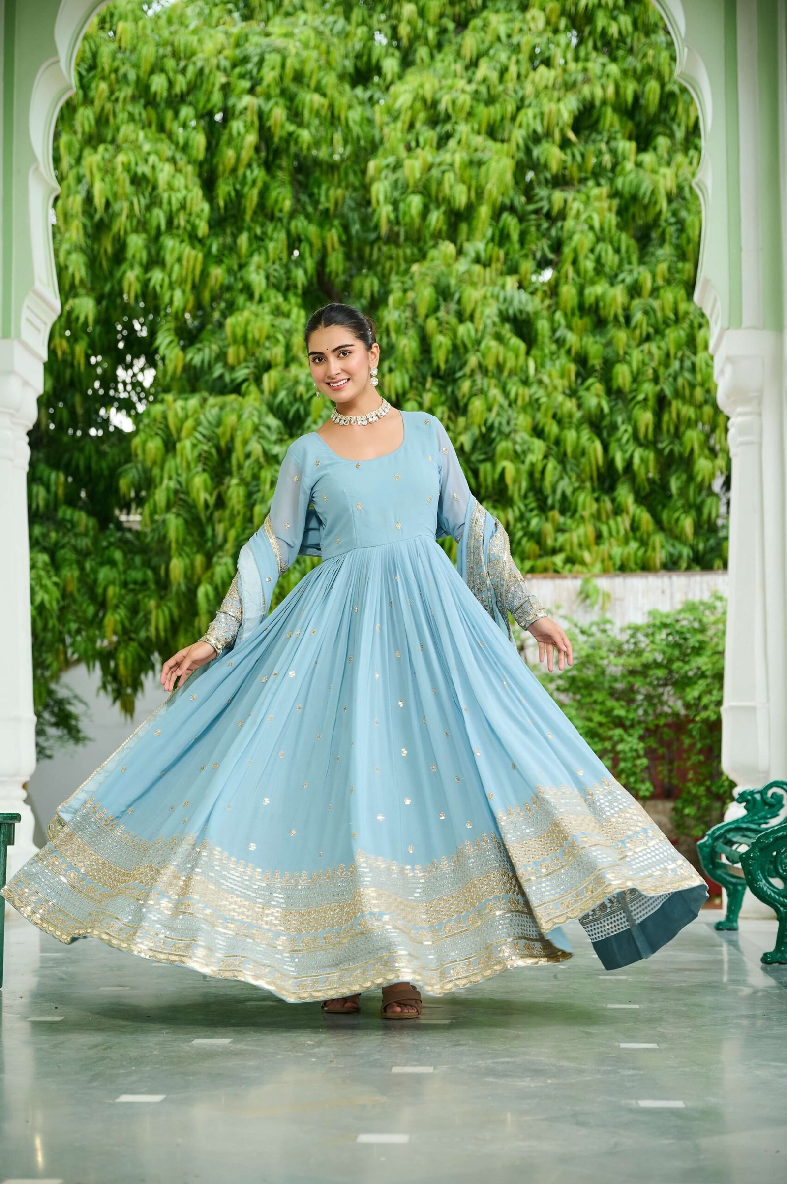 SKY Designer Faux Georgette Gown with Dupatta ? Embroidered & Sequins Work Ethnic Set for Women