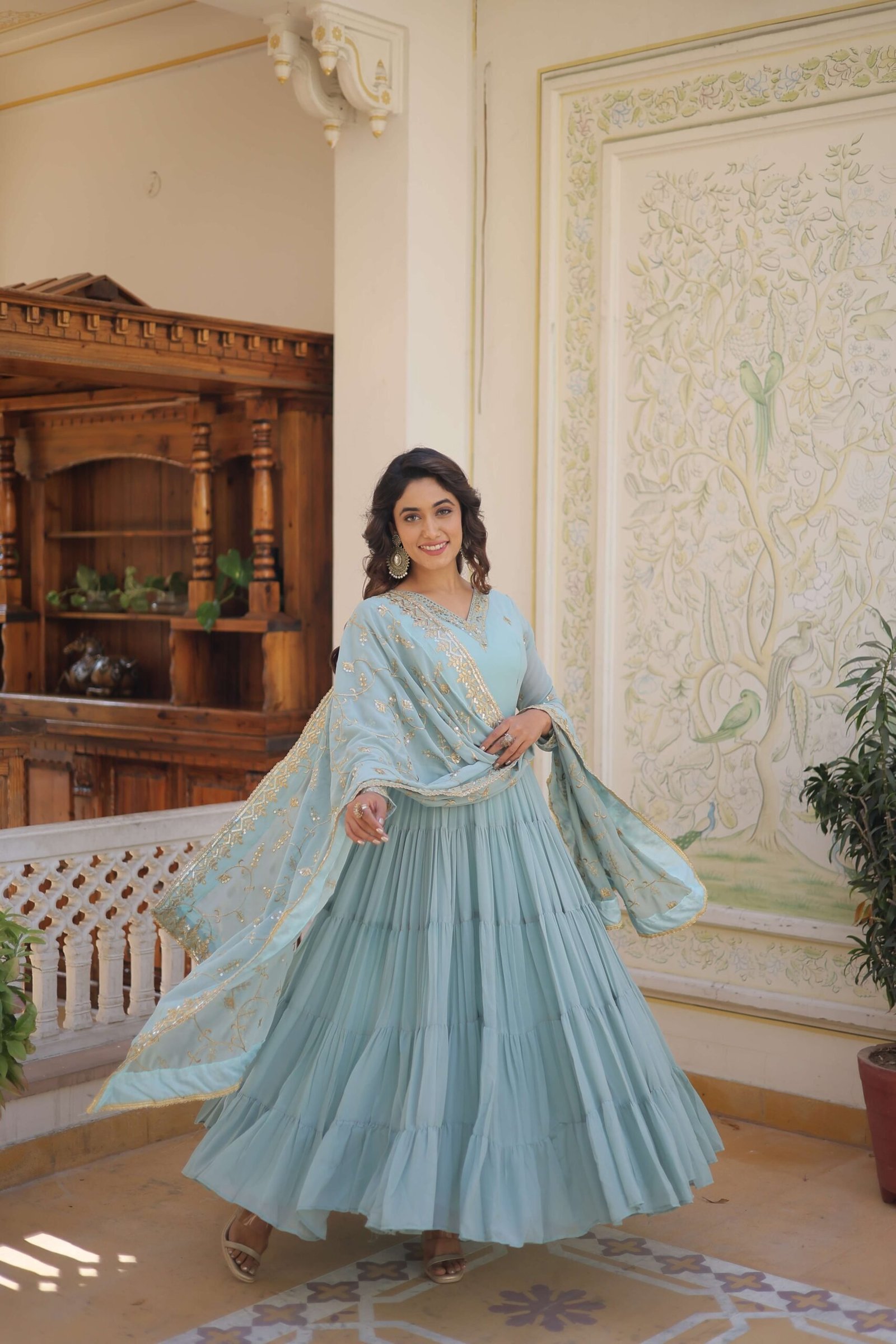 SKY Faux Georgette Designer Gown with Sequined Dupatta ? Elegant Fully Flared Party & Wedding Set