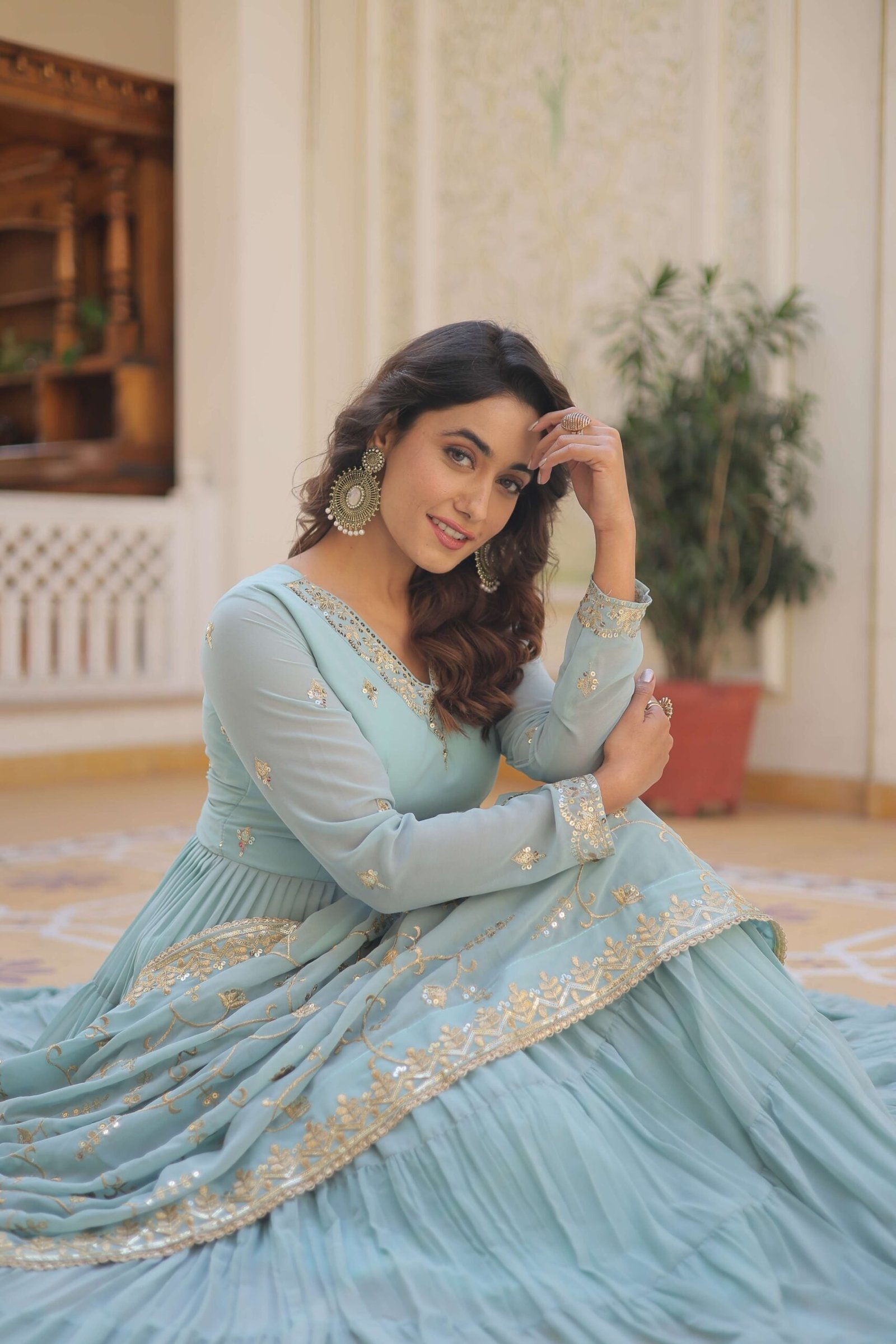 SKY Faux Georgette Designer Gown with Sequined Dupatta ? Elegant Fully Flared Party & Wedding Set