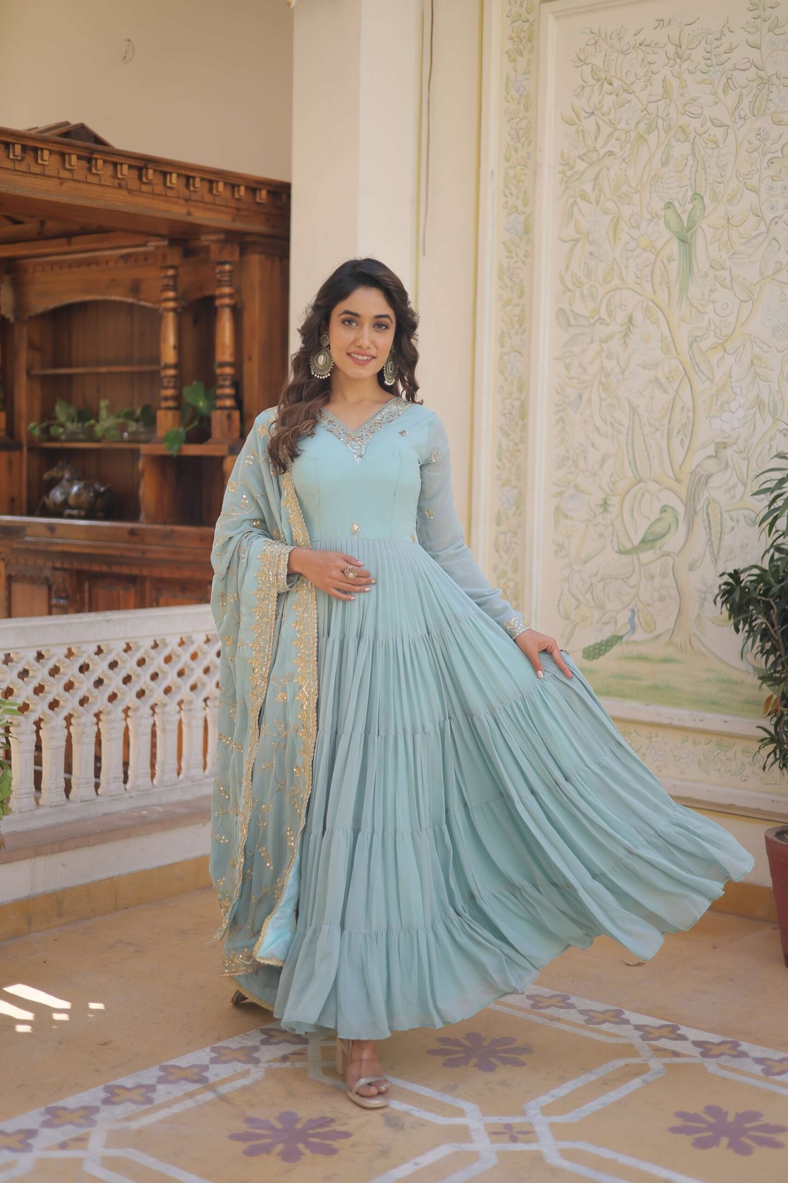 SKY Faux Georgette Designer Gown with Sequined Dupatta ? Elegant Fully Flared Party & Wedding Set