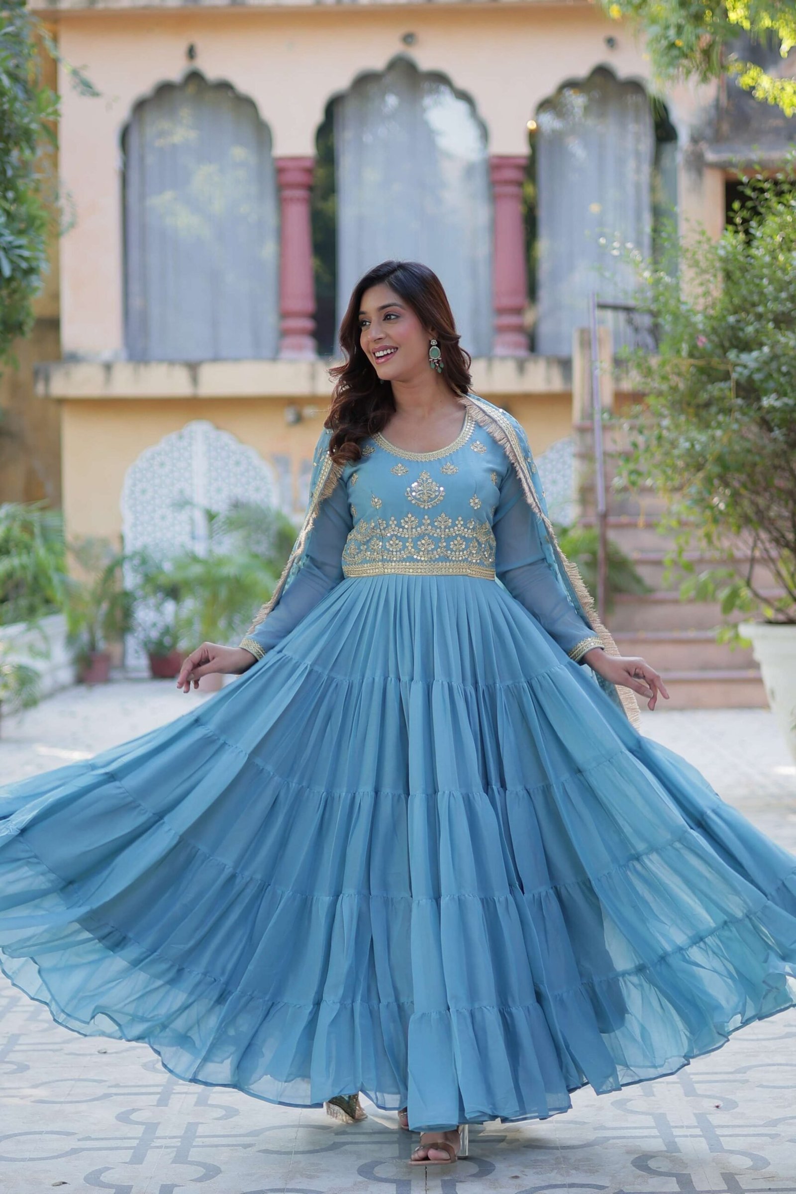 Sky Star Georgette Fully Flared Gown with Sequins Embroidered Dupatta & Lace Border