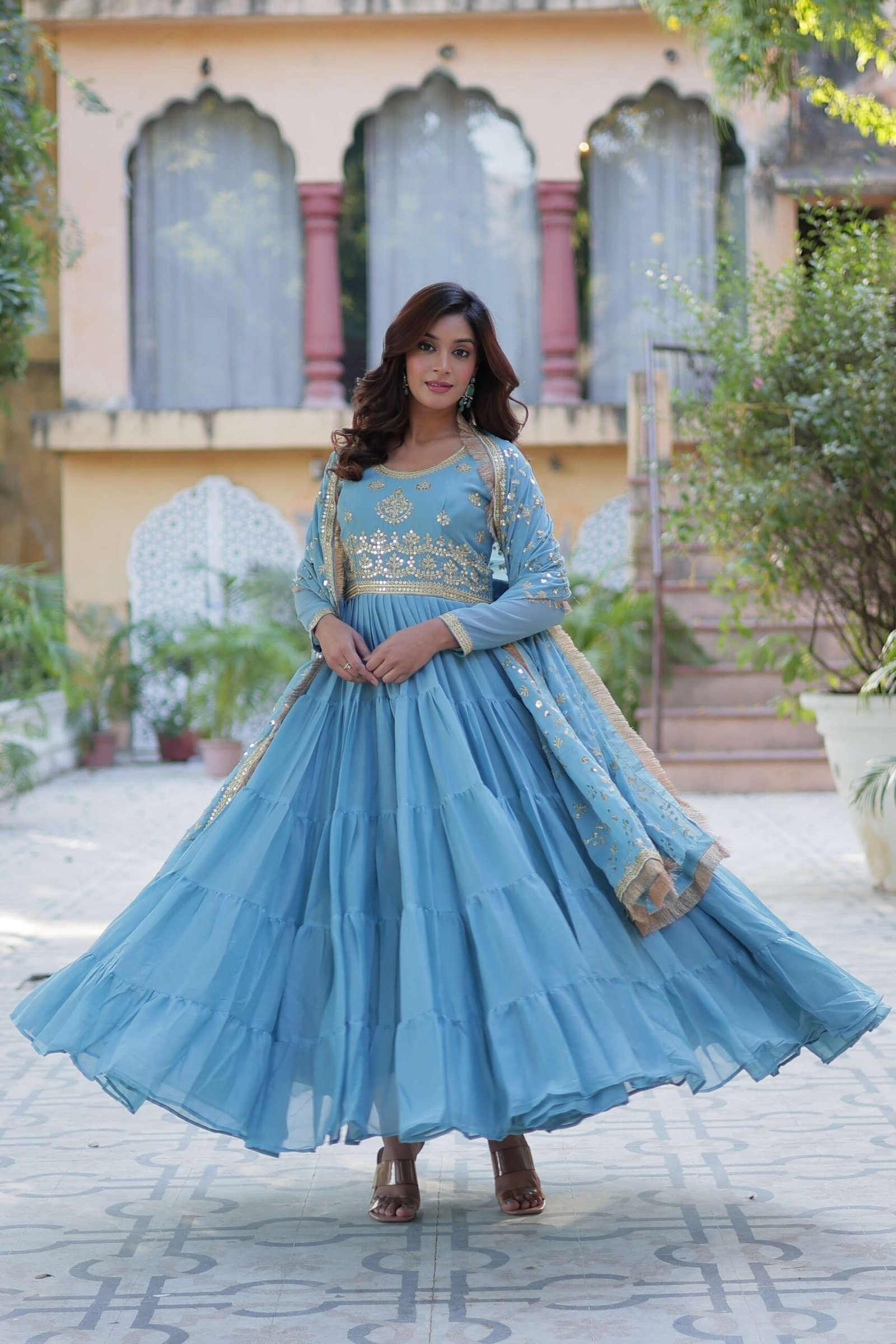 Sky Star Georgette Fully Flared Gown with Sequins Embroidered Dupatta & Lace Border