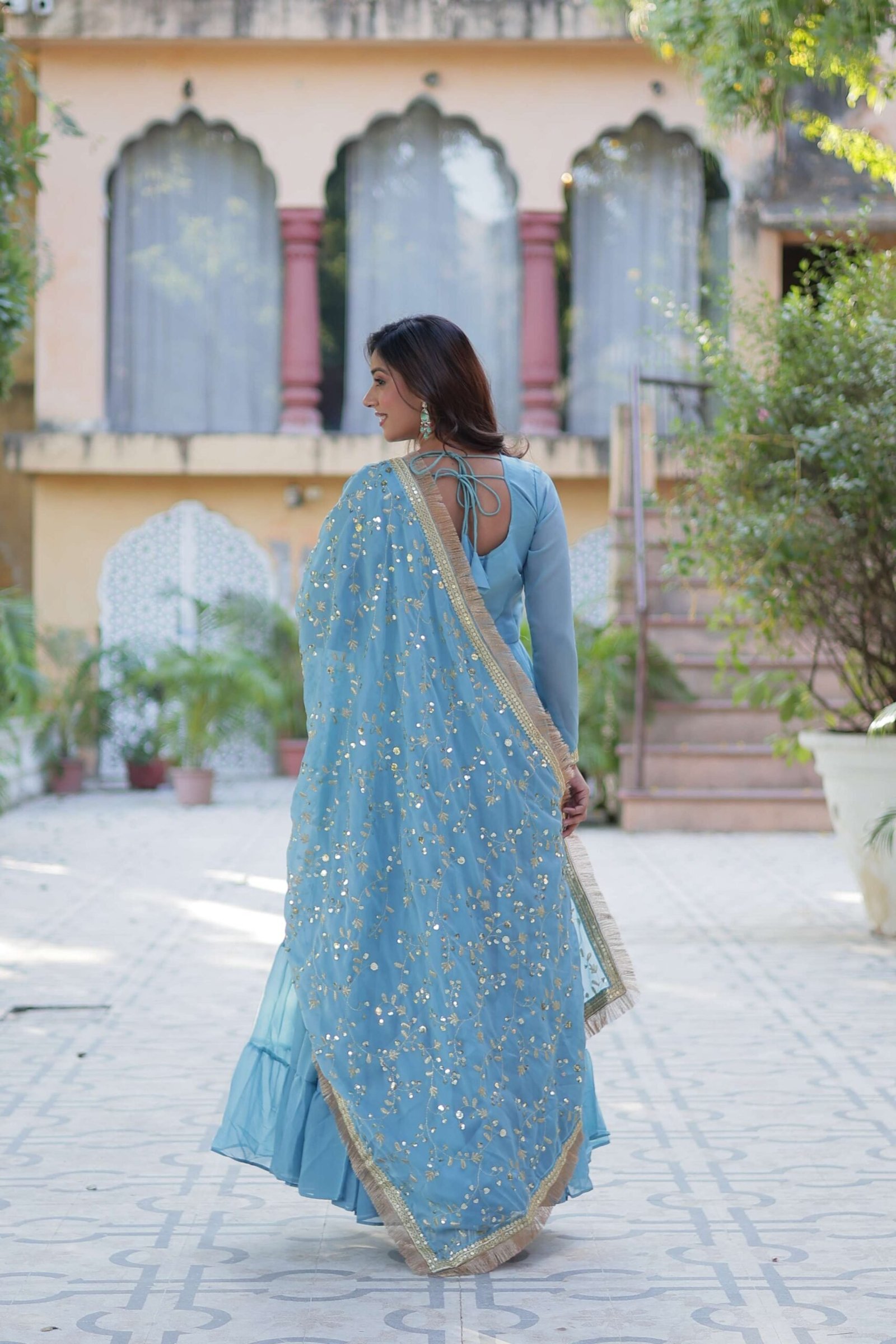 Sky Star Georgette Fully Flared Gown with Sequins Embroidered Dupatta & Lace Border