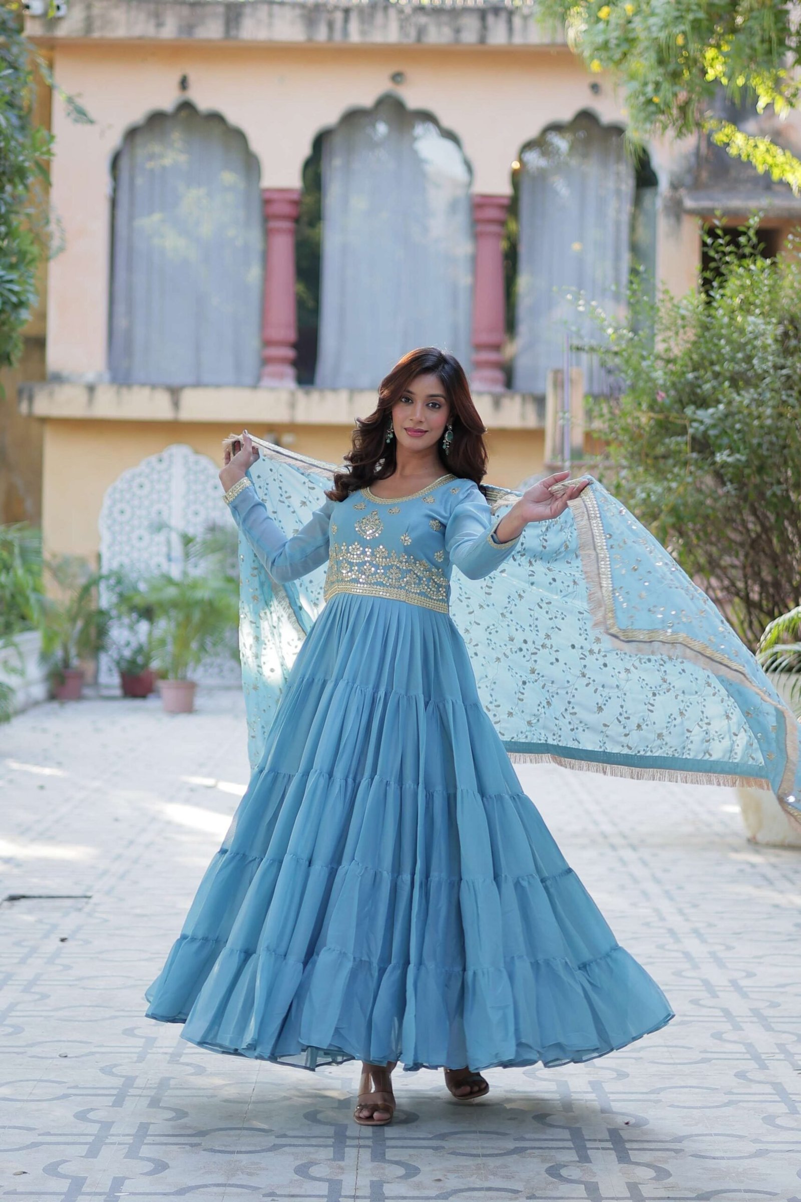 Sky Star Georgette Fully Flared Gown with Sequins Embroidered Dupatta & Lace Border