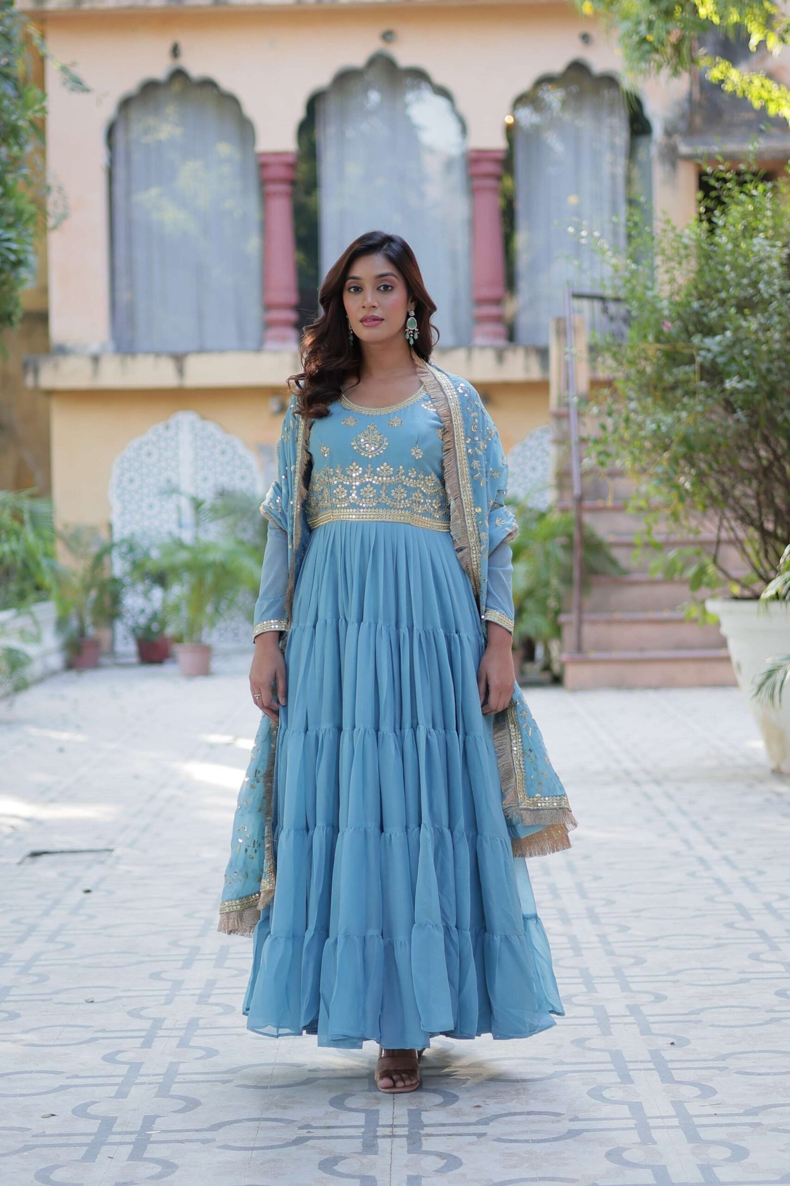 Sky Star Georgette Fully Flared Gown with Sequins Embroidered Dupatta & Lace Border