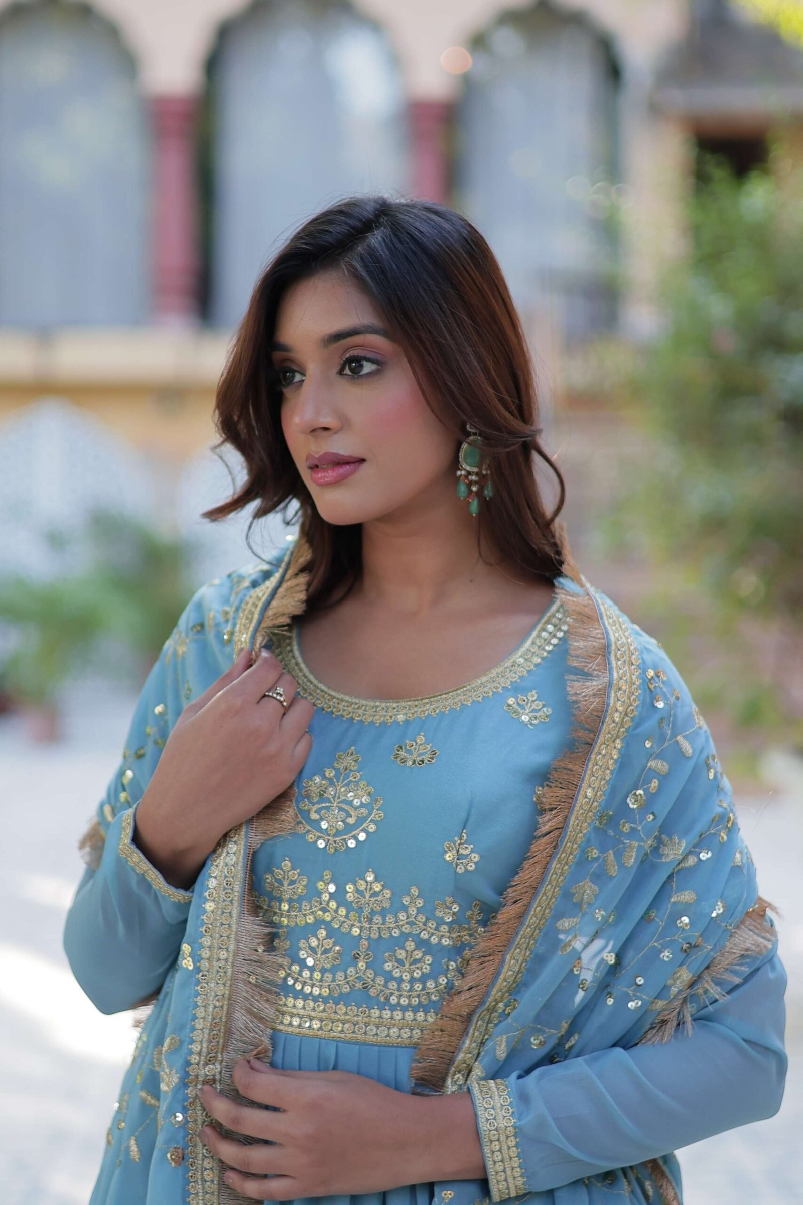 Sky Star Georgette Fully Flared Gown with Sequins Embroidered Dupatta & Lace Border