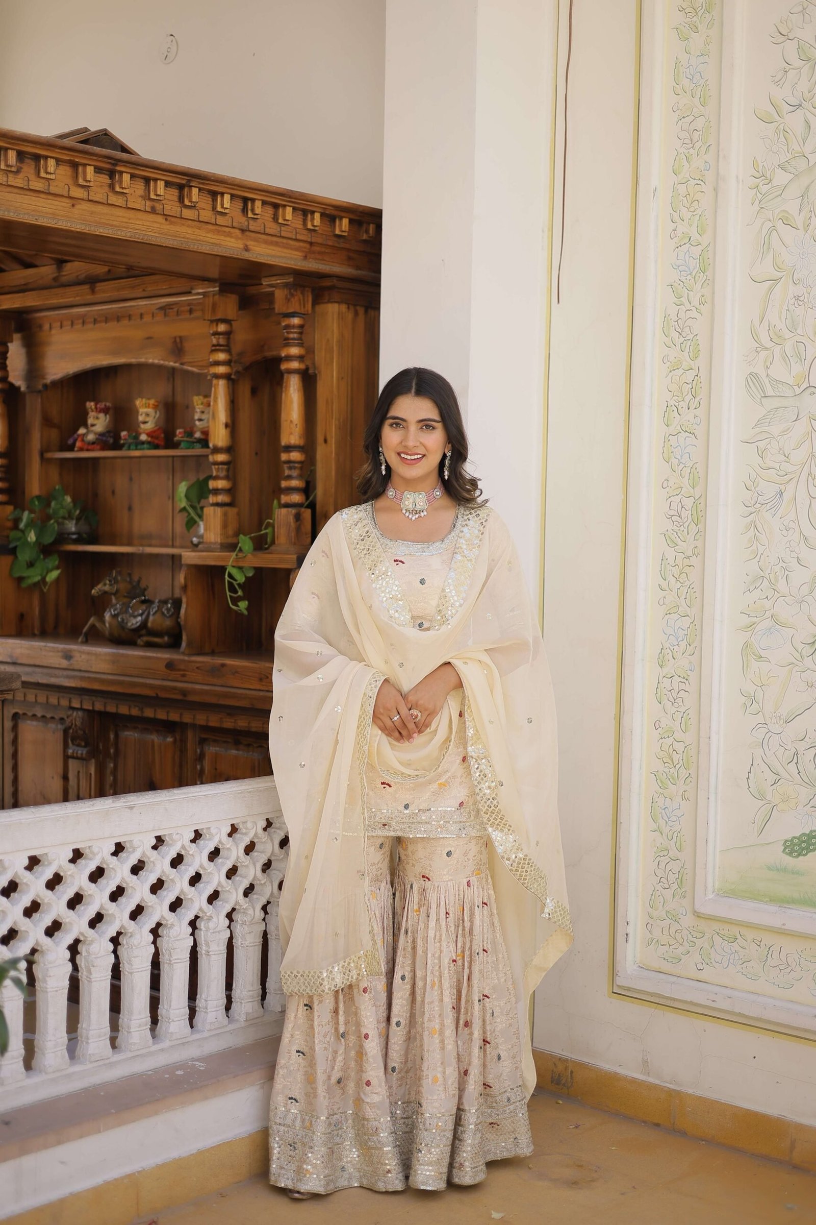 White Faux Blooming Sequins Embroidered Sharara Set with Matching Dupatta ? Festive & Party Wear 2024