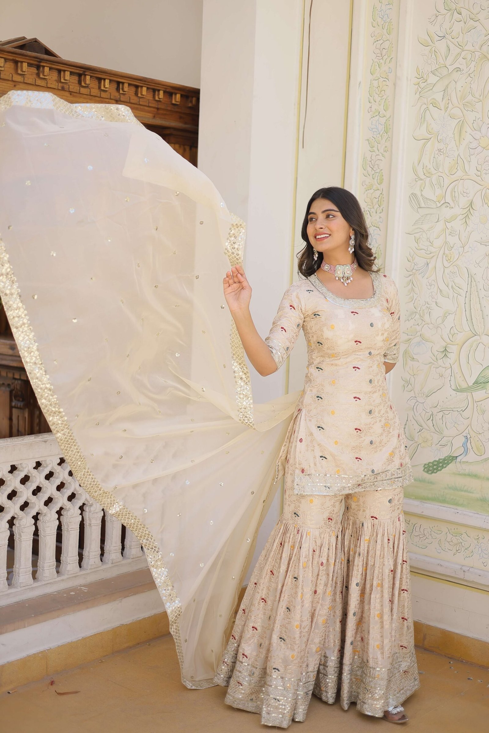 White Faux Blooming Sequins Embroidered Sharara Set with Matching Dupatta ? Festive & Party Wear 2024