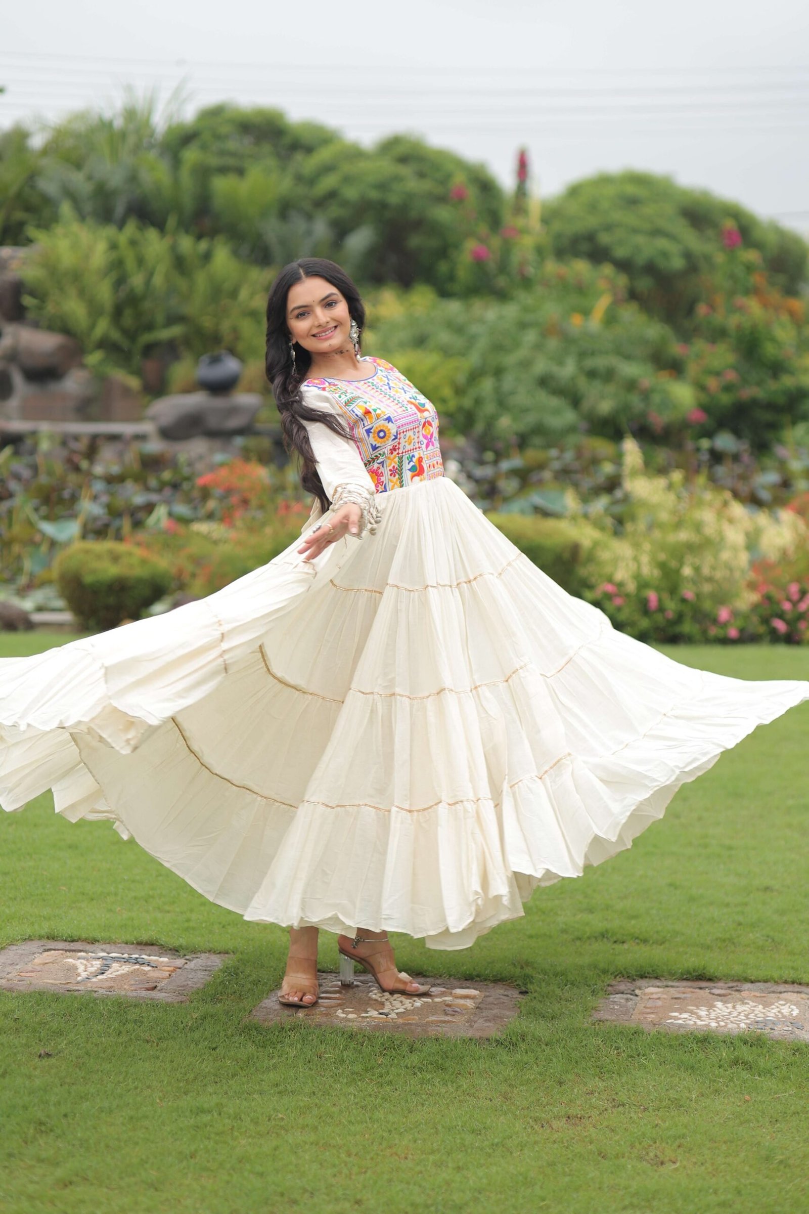 White Navratri Special Off-White Designer Gown in Kora Cotton with Multi-Thread & Gota Patti Work
