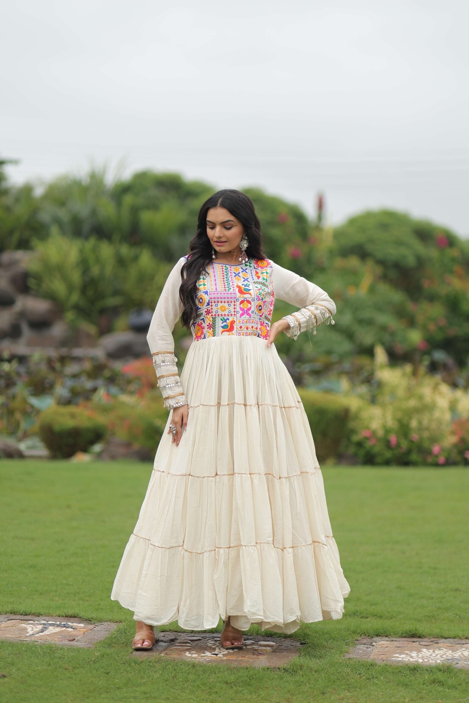White Navratri Special Off-White Designer Gown in Kora Cotton with Multi-Thread & Gota Patti Work
