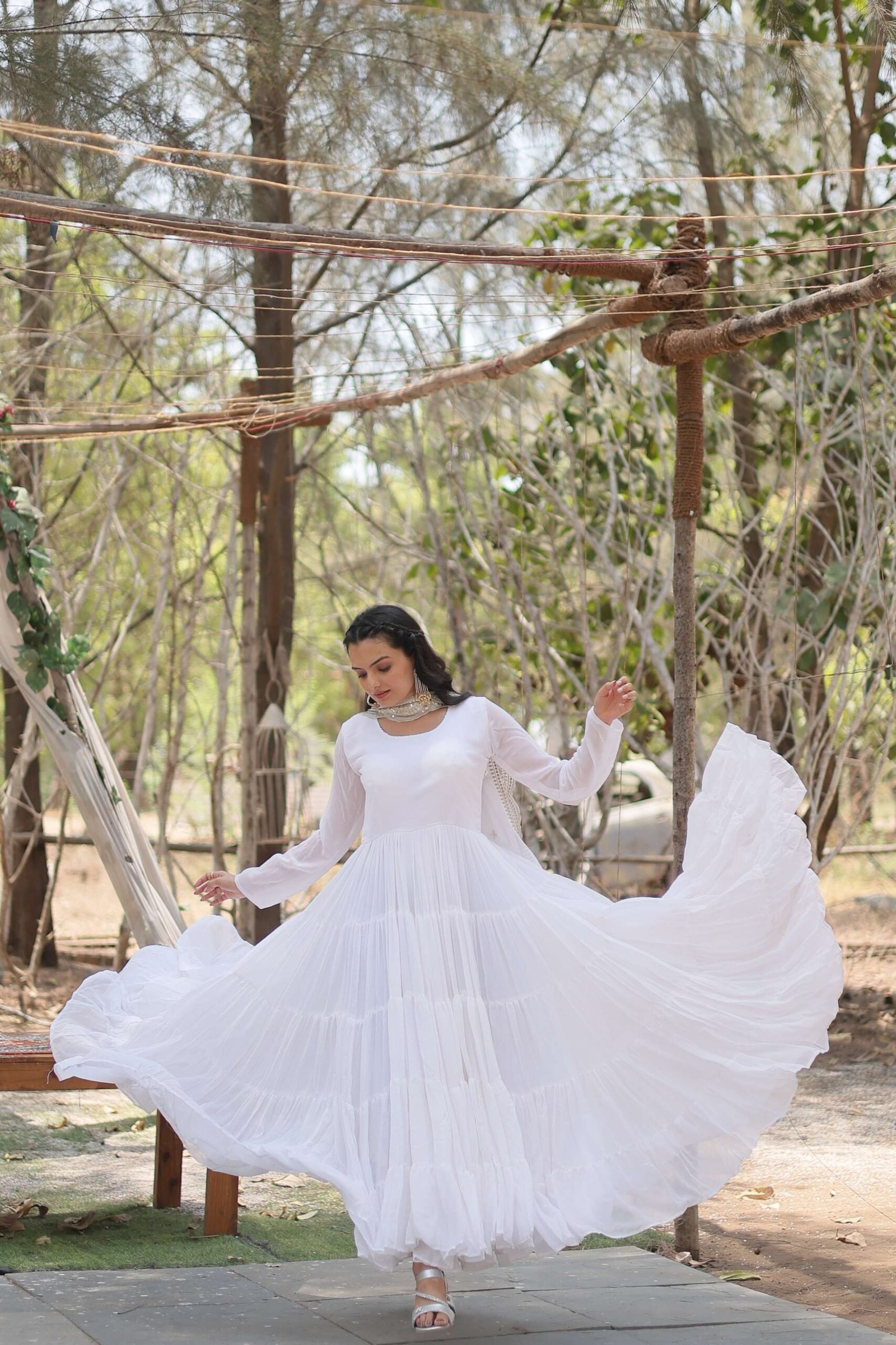 White Premium Faux Georgette Designer Gown with Sequined Dupatta ? Fully Flaired Ready-to-Wear Set
