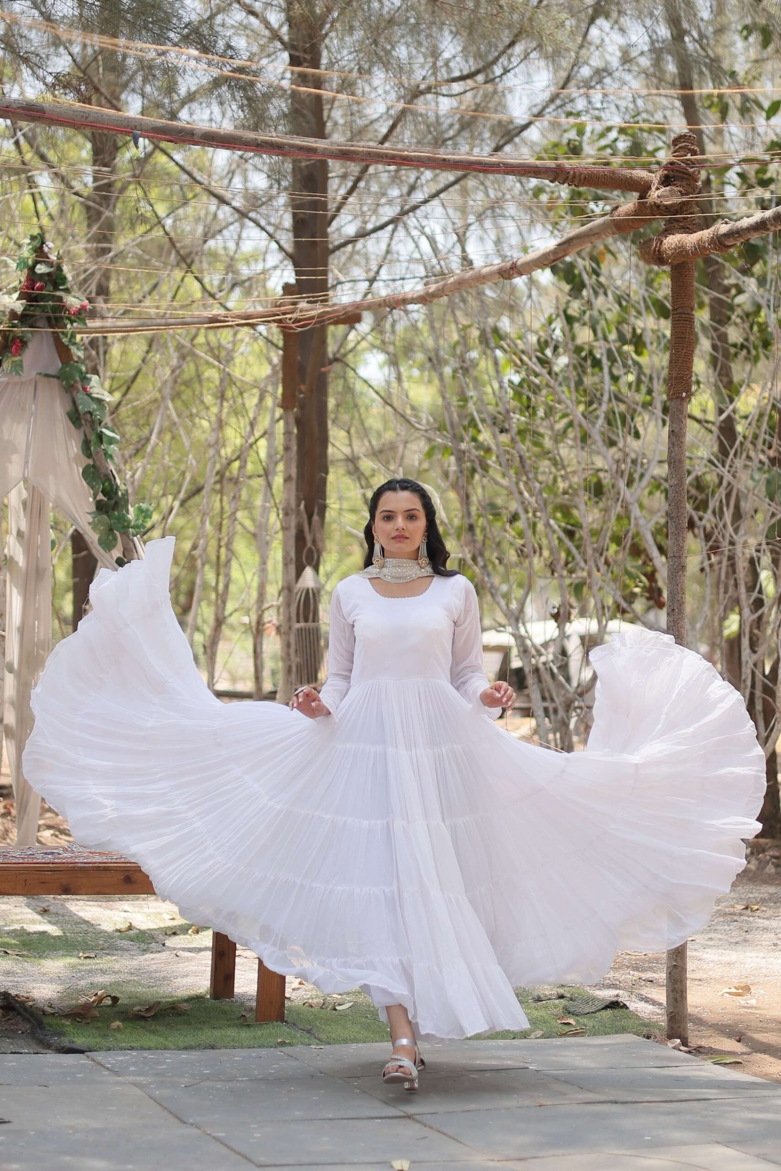White Premium Faux Georgette Designer Gown with Sequined Dupatta ? Fully Flaired Ready-to-Wear Set