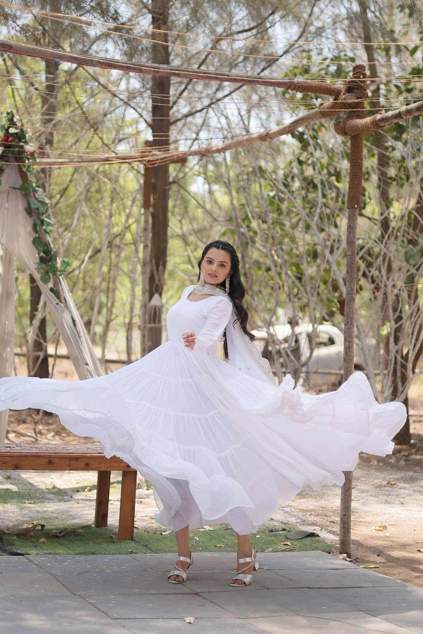 White Premium Faux Georgette Designer Gown with Sequined Dupatta ? Fully Flaired Ready-to-Wear Set