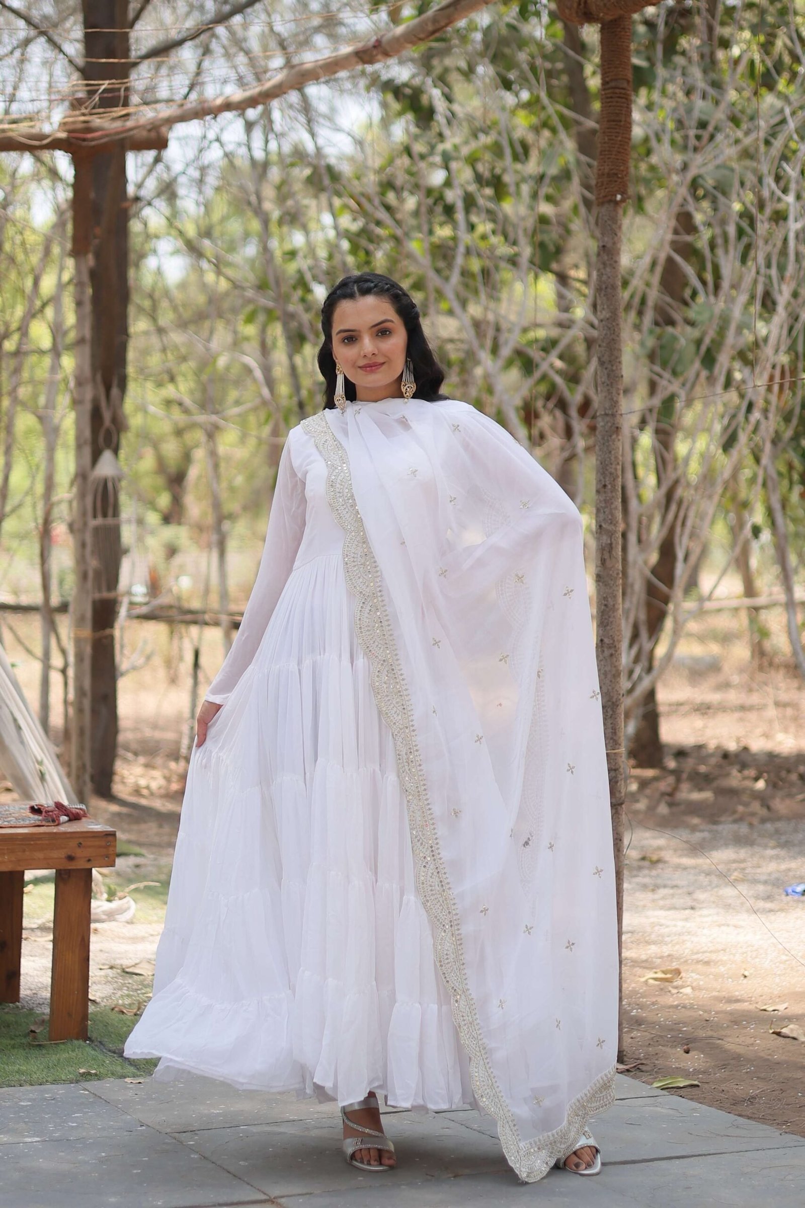 White Premium Faux Georgette Designer Gown with Sequined Dupatta ? Fully Flaired Ready-to-Wear Set
