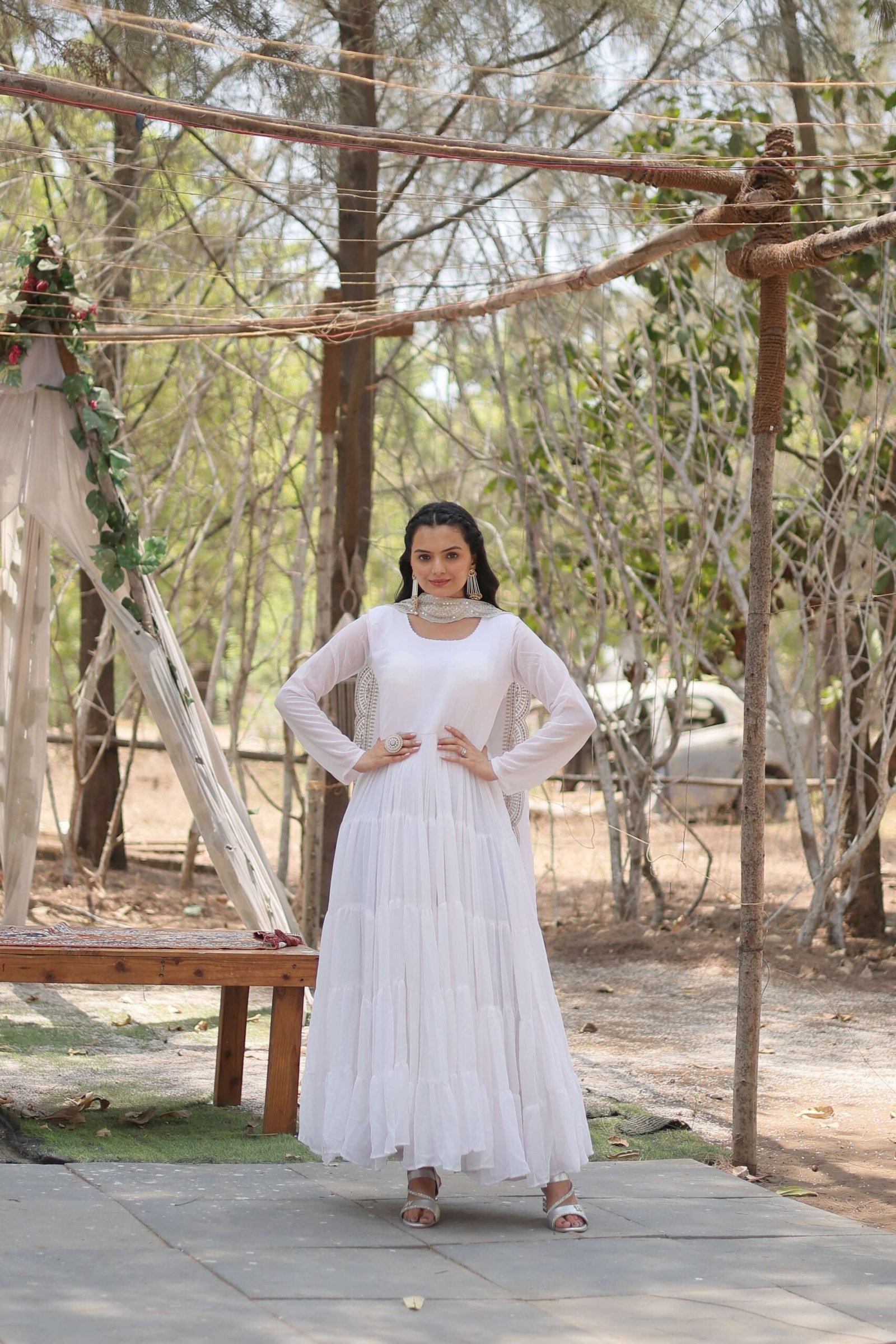 White Premium Faux Georgette Designer Gown with Sequined Dupatta ? Fully Flaired Ready-to-Wear Set