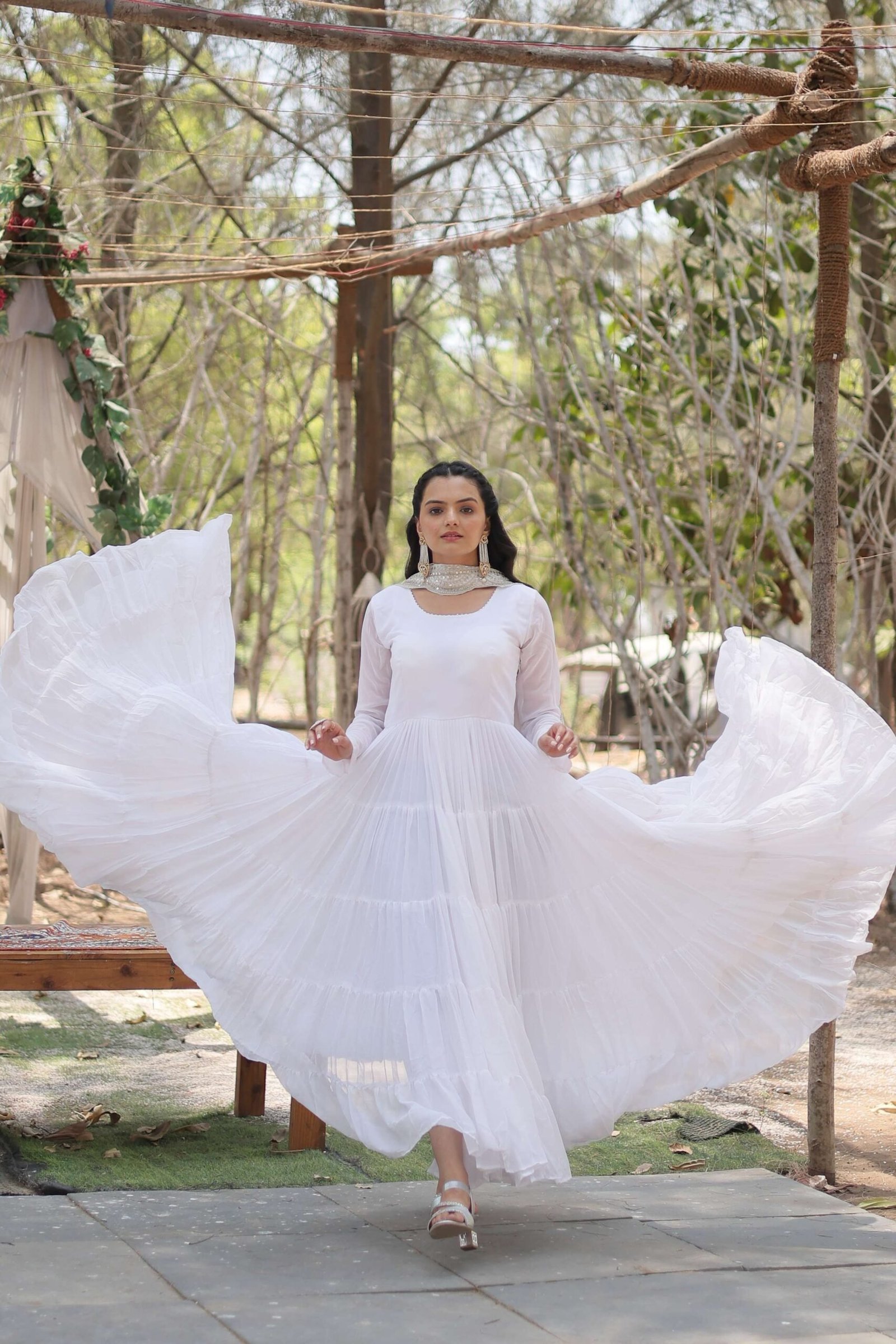 White Premium Faux Georgette Designer Gown with Sequined Dupatta ? Fully Flaired Ready-to-Wear Set