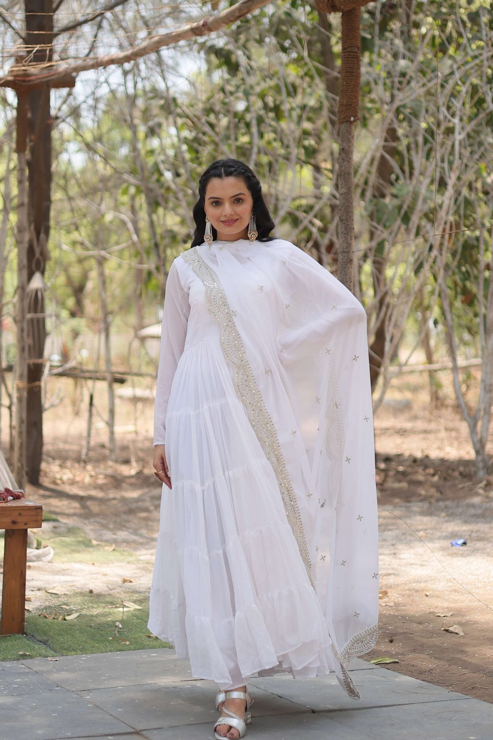 White Premium Faux Georgette Designer Gown with Sequined Dupatta ? Fully Flaired Ready-to-Wear Set