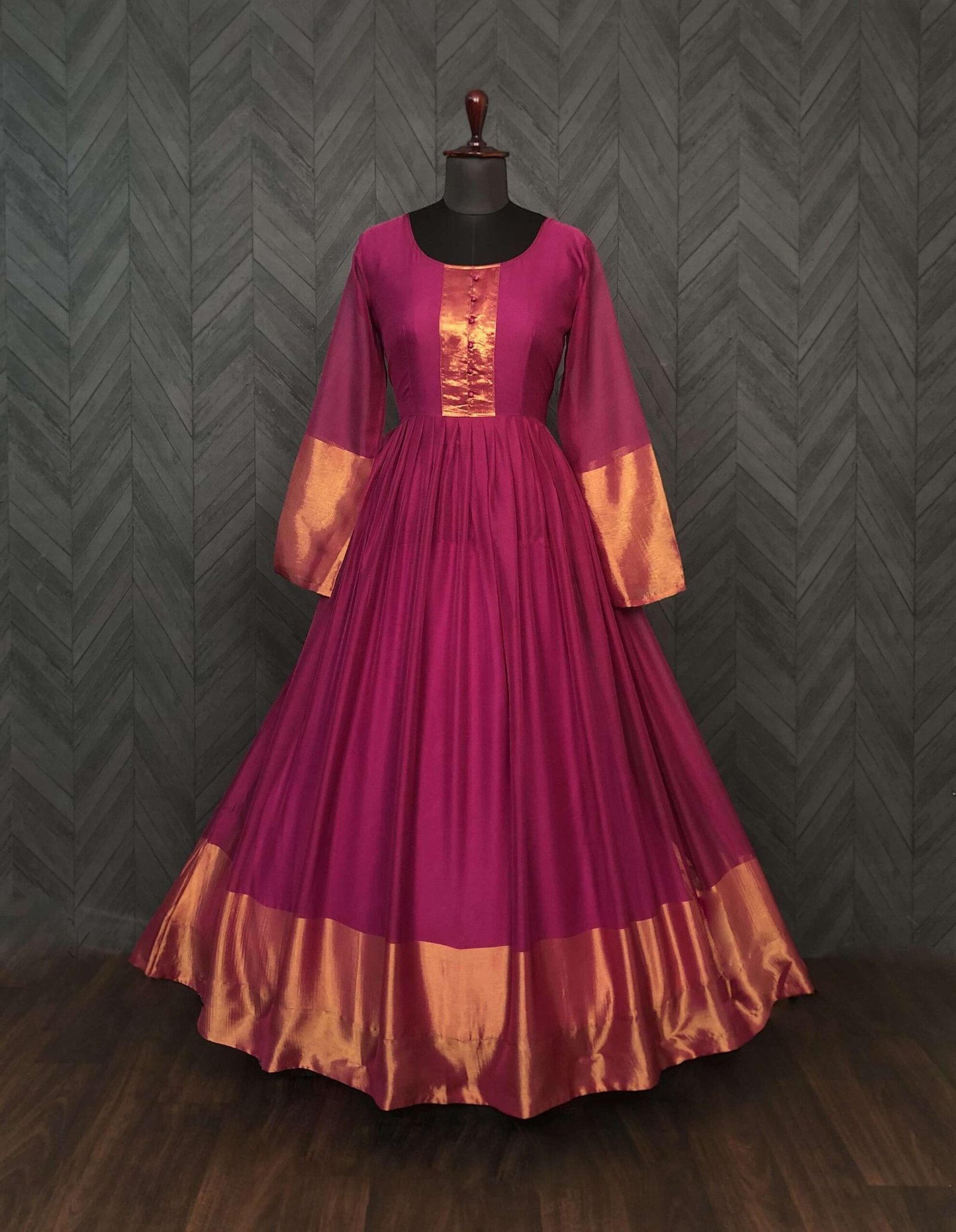 Wine Elegant Chiffon Designer Gown with Golden Zari Patta ? Premium Ready-to-Wear Dress