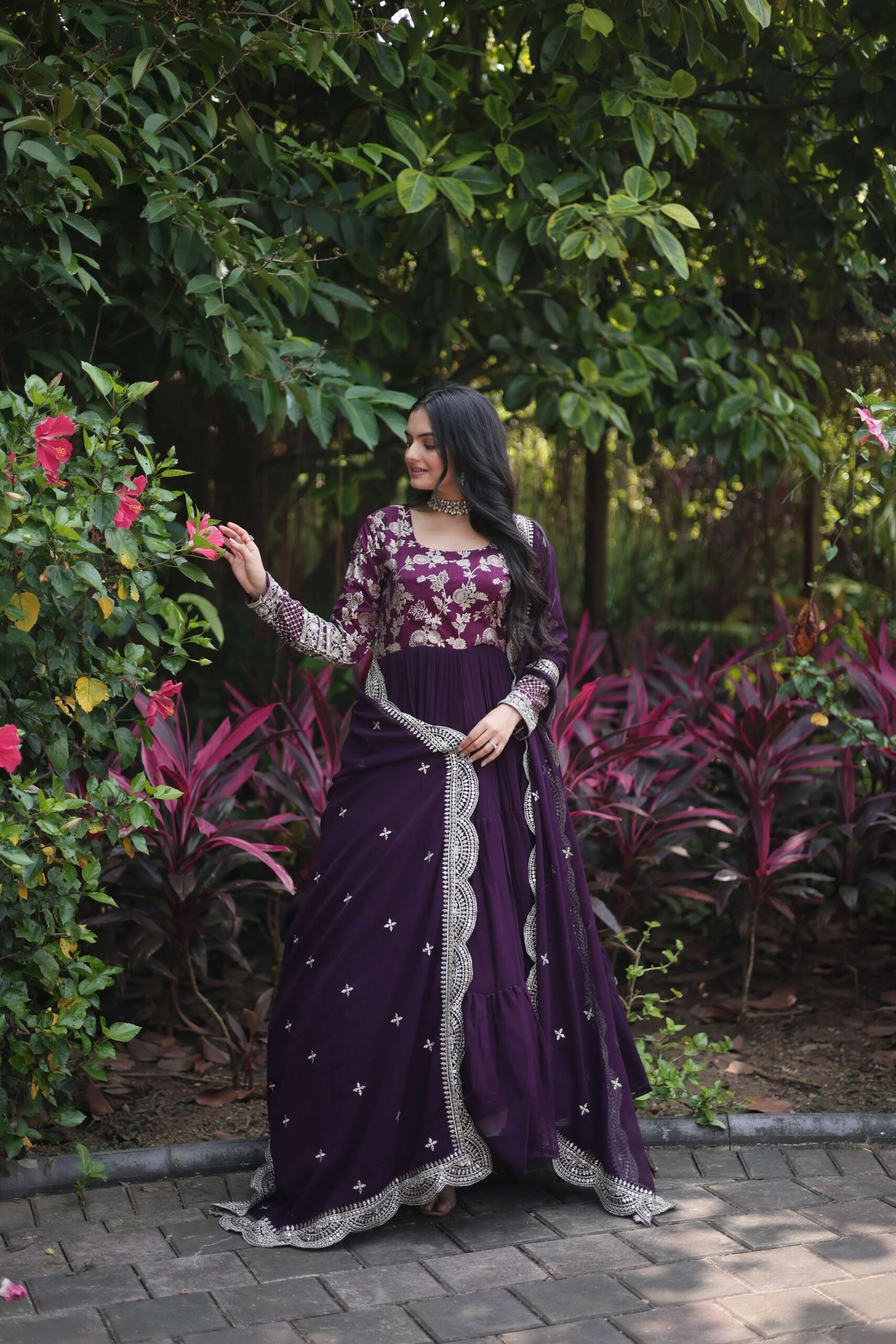 Wine Faux Blooming Designer Gown with Sequined Dupatta ? Elegant Fully Flared Ready-to-Wear Set