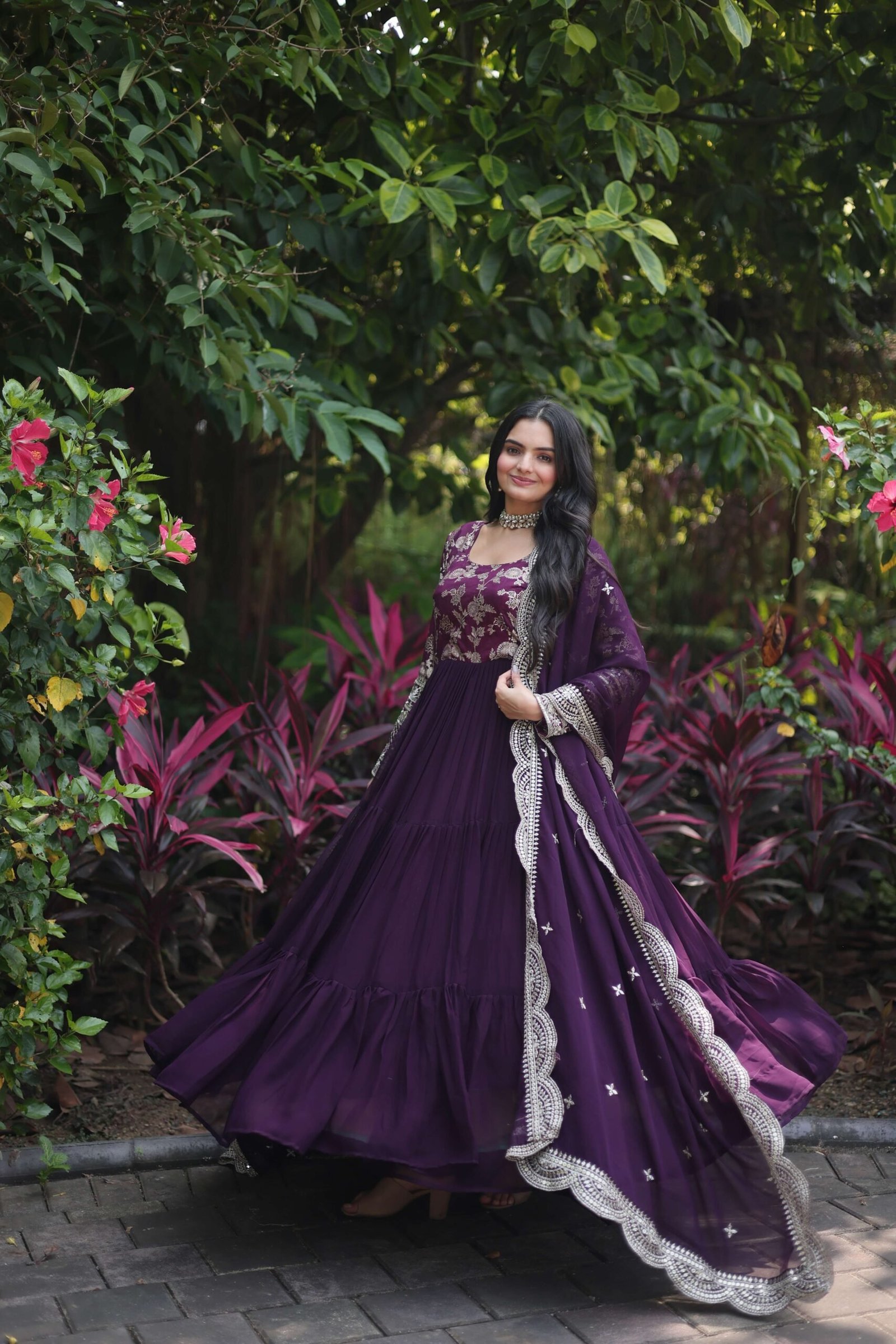 Wine Faux Blooming Designer Gown with Sequined Dupatta ? Elegant Fully Flared Ready-to-Wear Set