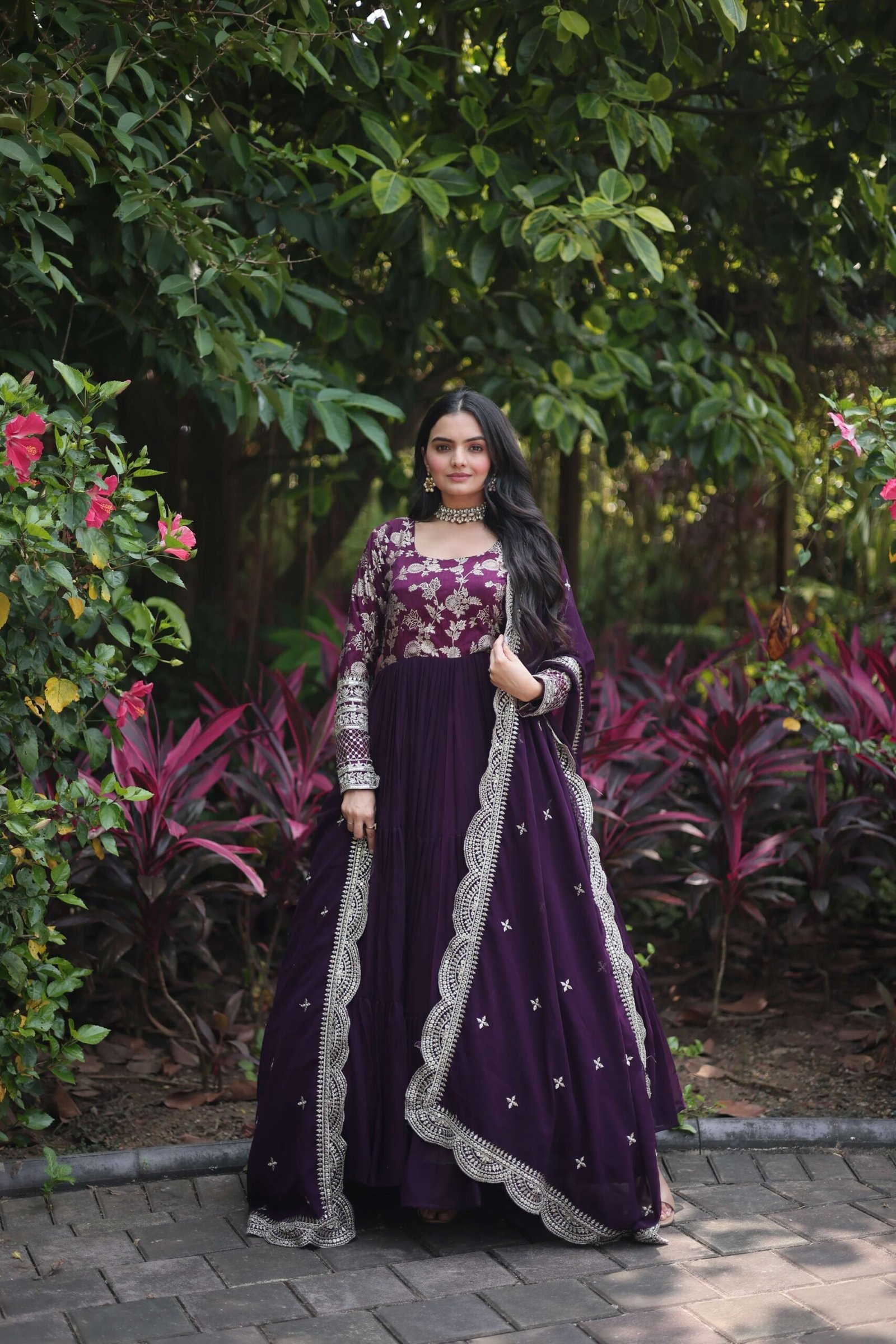 Wine Faux Blooming Designer Gown with Sequined Dupatta ? Elegant Fully Flared Ready-to-Wear Set