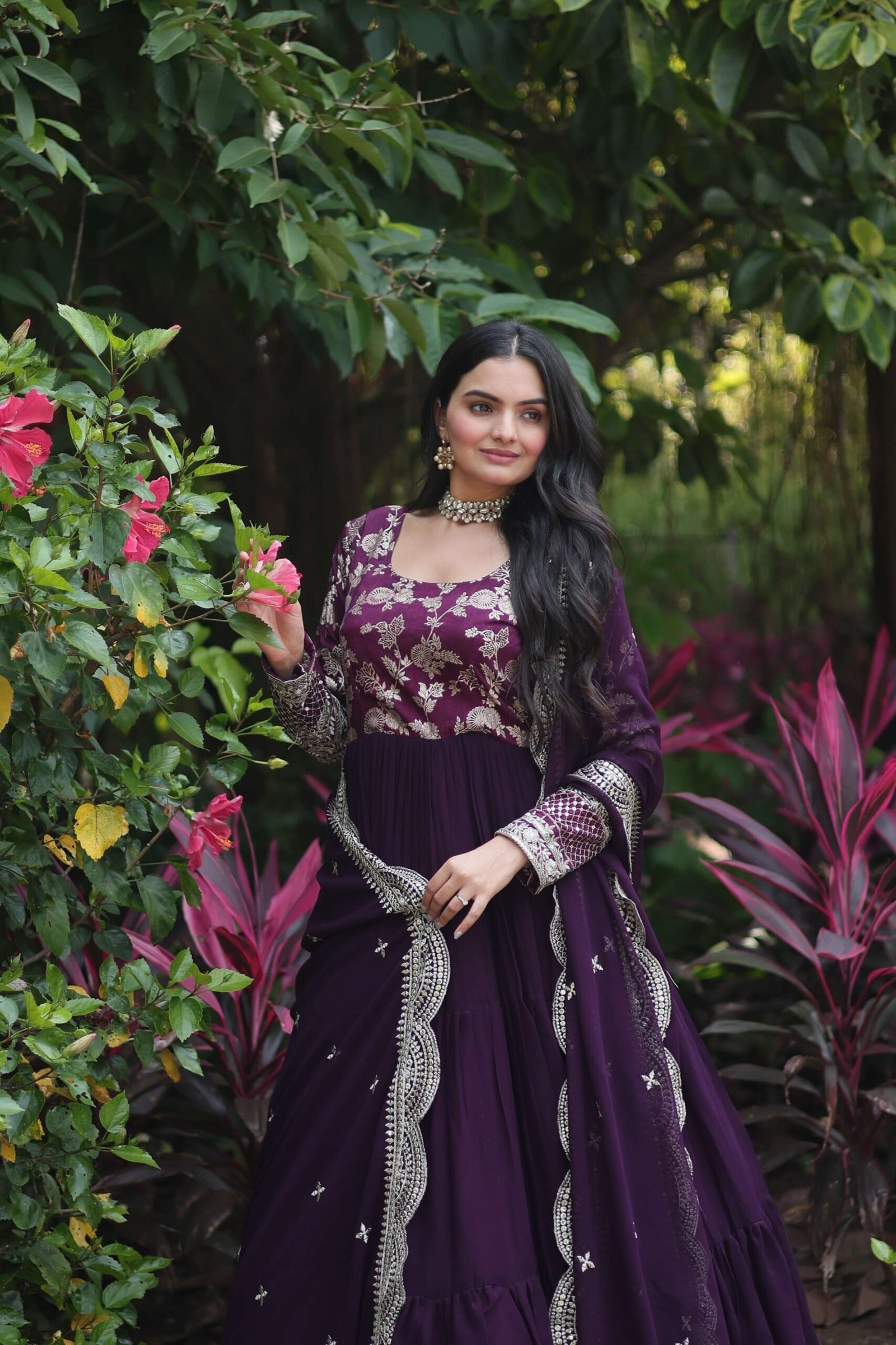 Wine Faux Blooming Designer Gown with Sequined Dupatta ? Elegant Fully Flared Ready-to-Wear Set