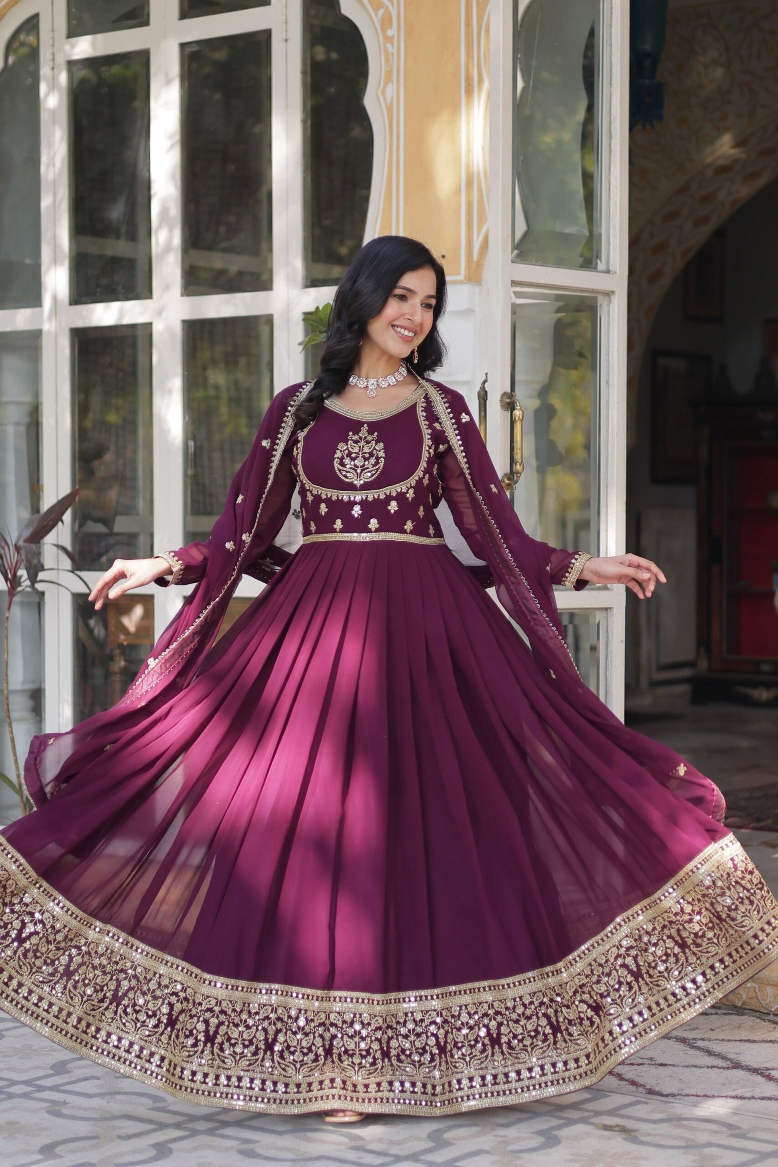 Wine Faux Blooming Georgette Sequins Embroidered Gown with Matching Dupatta