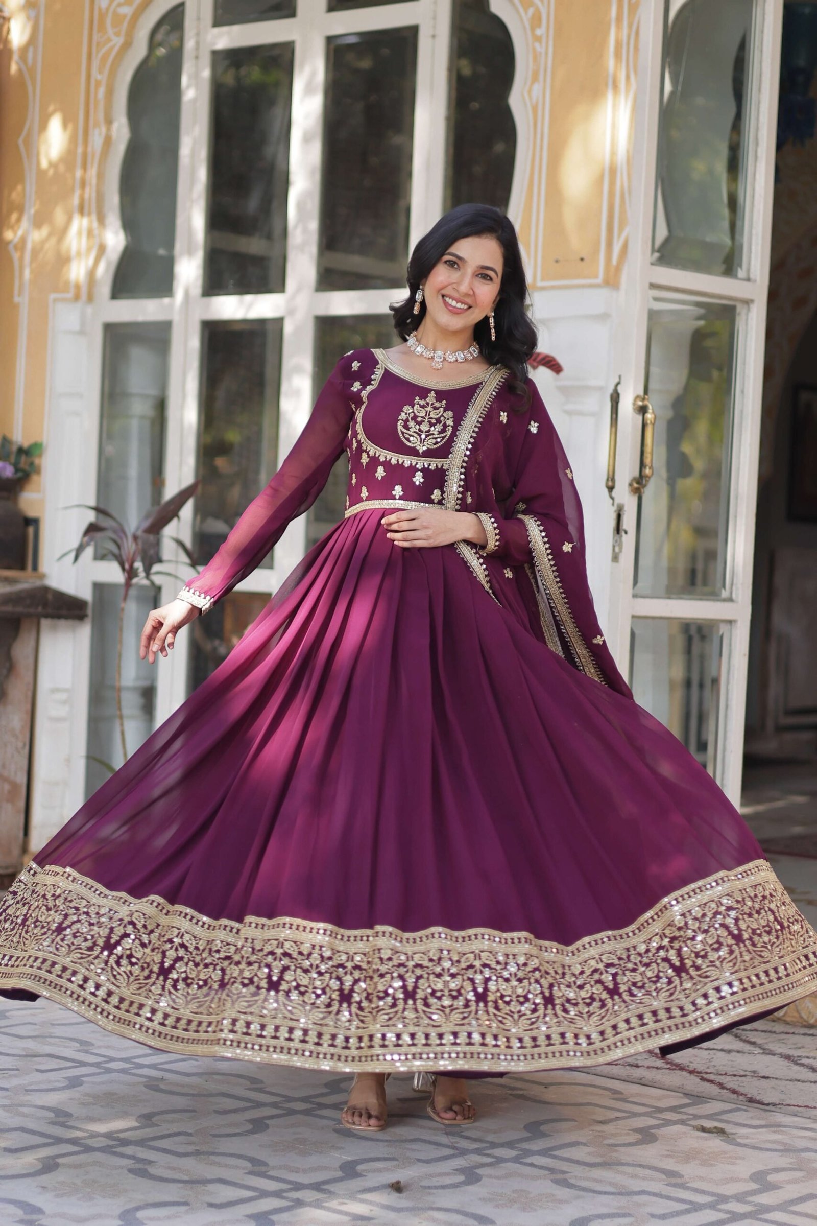 Wine Faux Blooming Georgette Sequins Embroidered Gown with Matching Dupatta