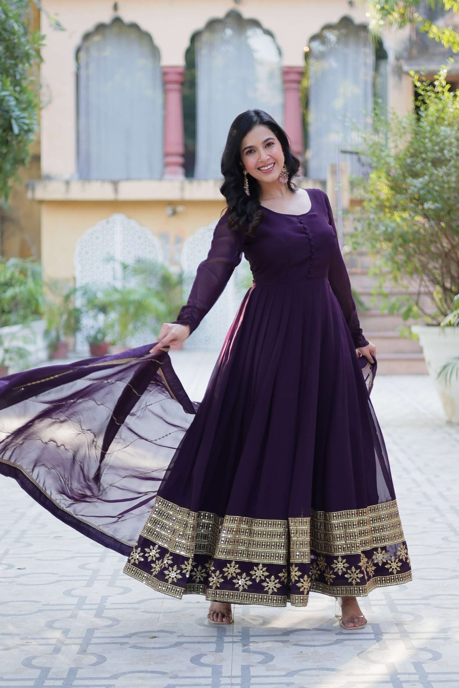 Wine Faux Blooming Gown with Multi-Sequins Embroidered Dupatta