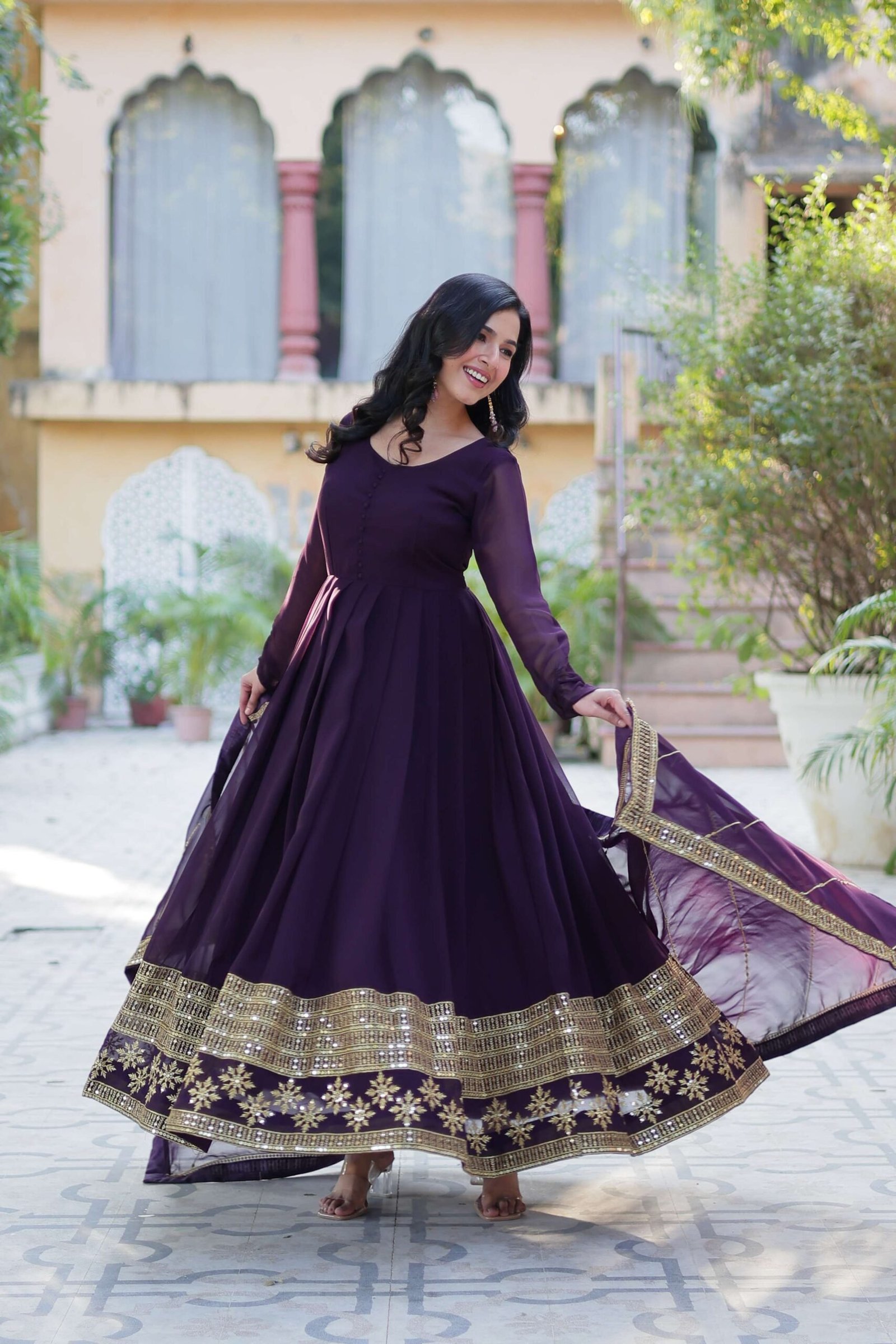 Wine Faux Blooming Gown with Multi-Sequins Embroidered Dupatta