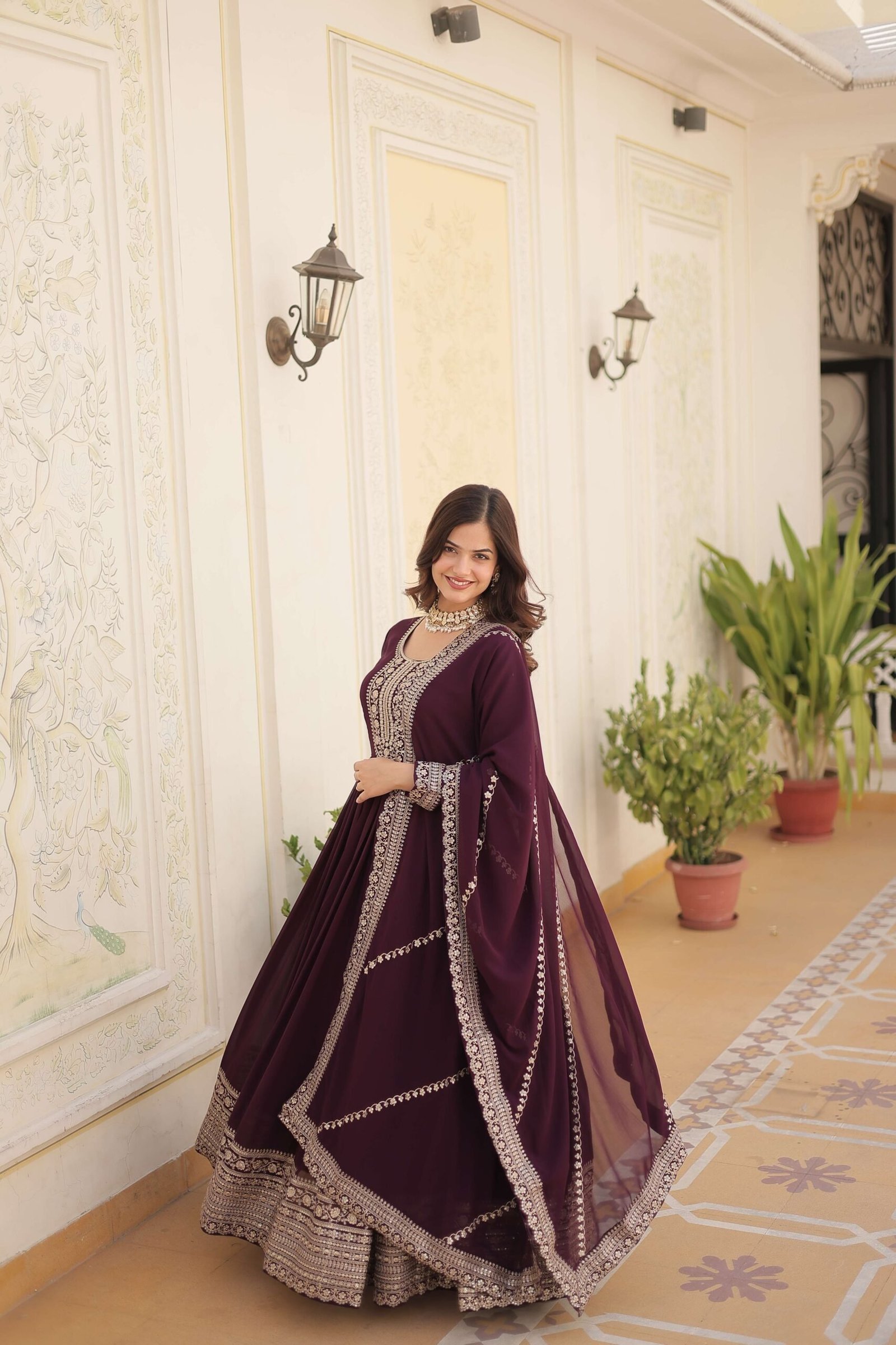 Wine Faux Blooming Sequins Embroidered Gown with Matching Dupatta ? Festive & Party Wear 2024