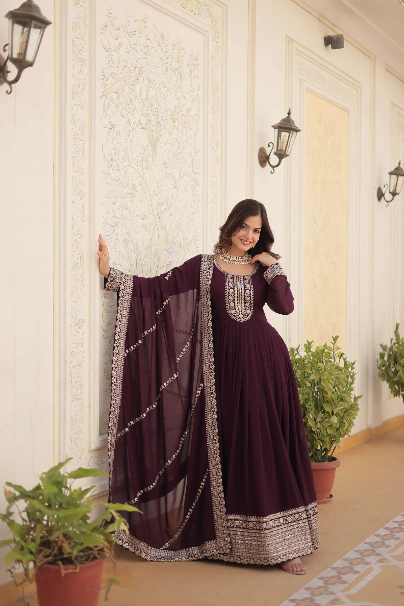 Wine Faux Blooming Sequins Embroidered Gown with Matching Dupatta ? Festive & Party Wear 2024