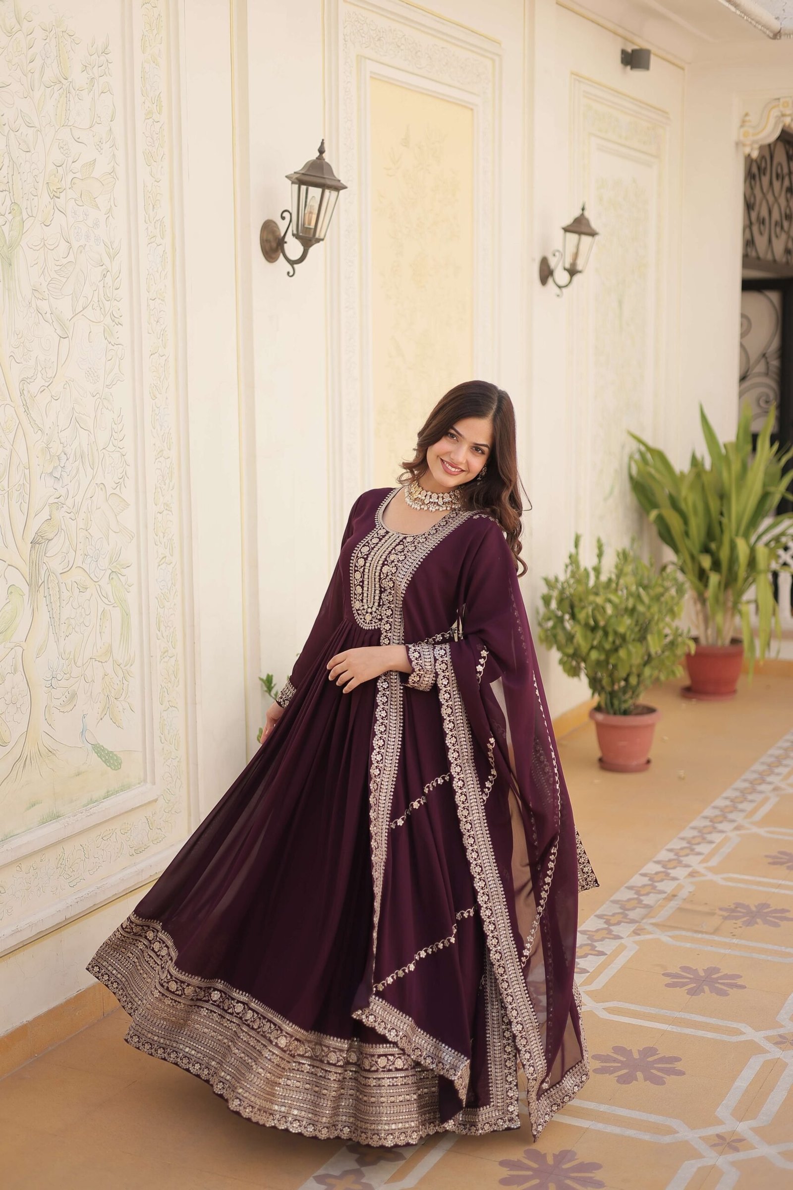 Wine Faux Blooming Sequins Embroidered Gown with Matching Dupatta ? Festive & Party Wear 2024